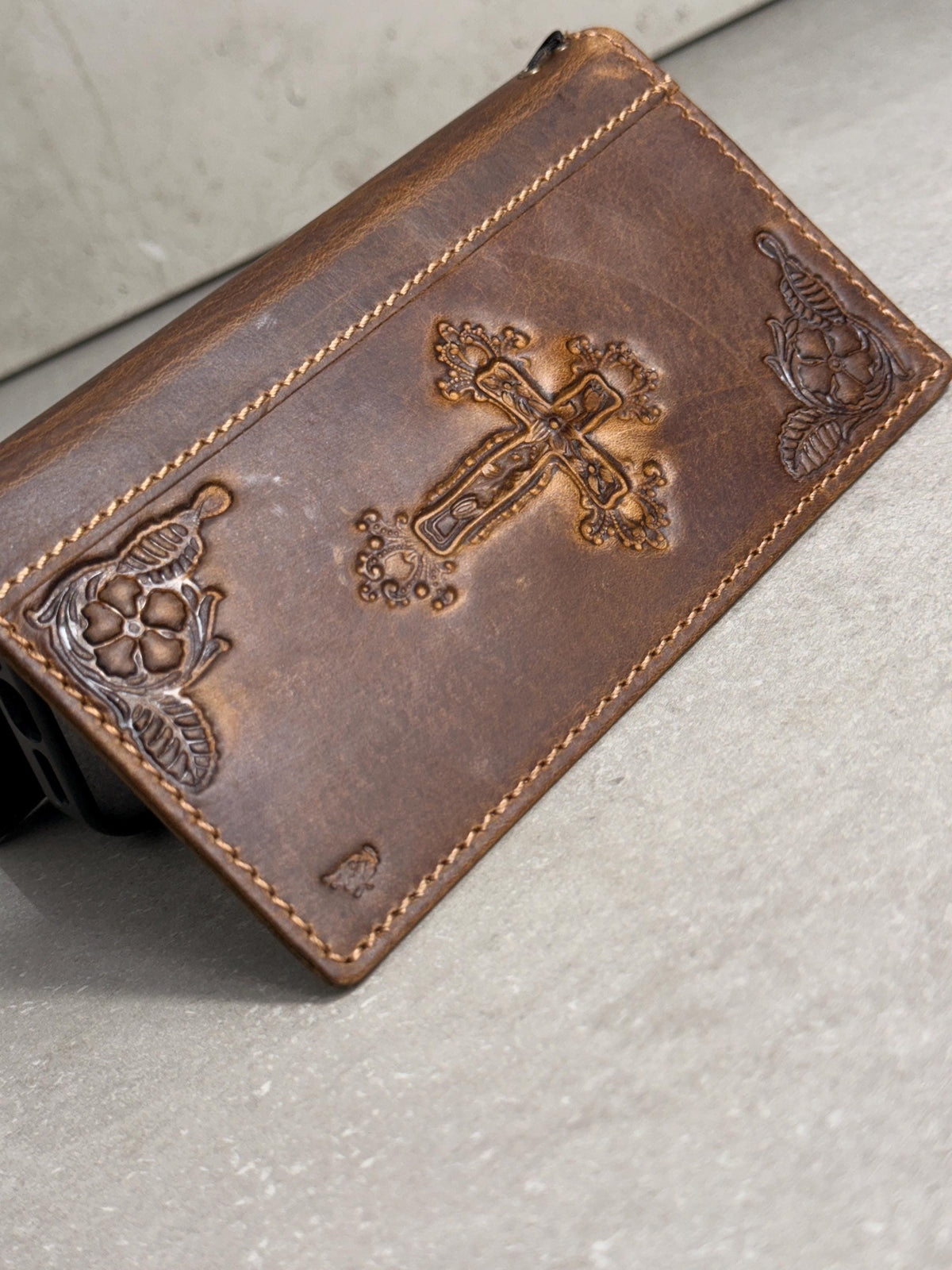 Handmade Leather iPhone Wallet Case: Vintage Stamped Cross Design