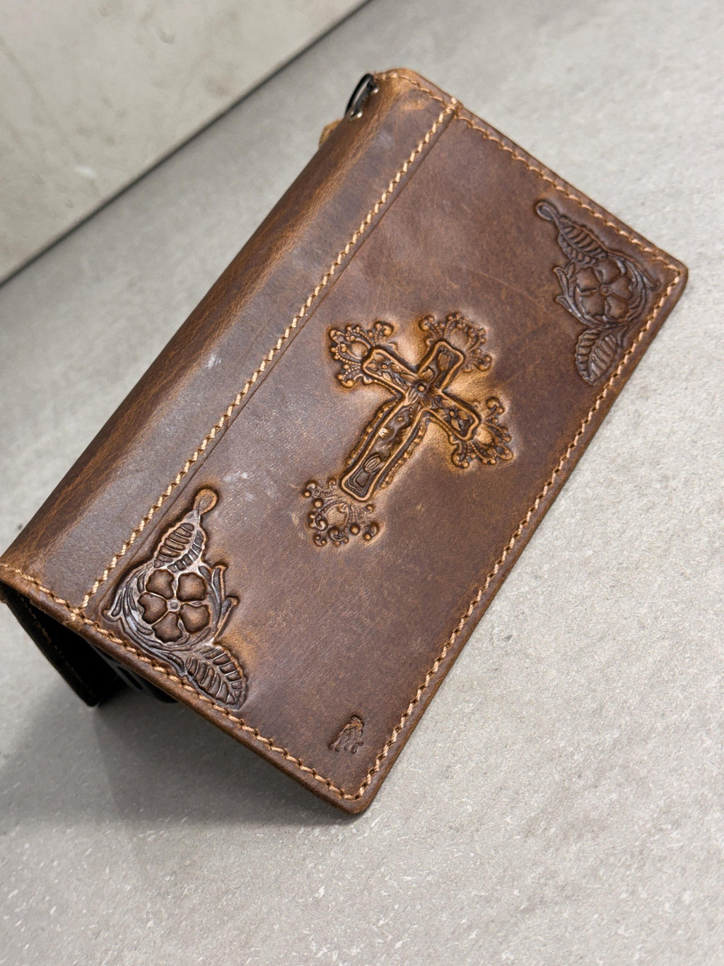 Handmade Leather iPhone Wallet Case: Vintage Stamped Cross Design