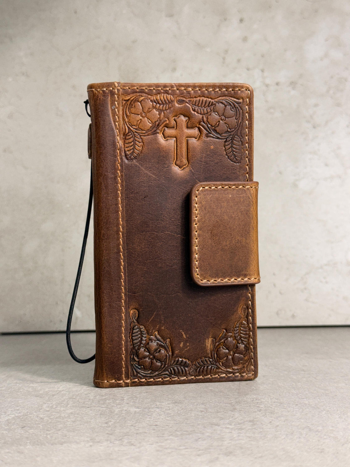 Handmade Leather Galaxy Phone Case: Jesus Cross Wallet, Wireless Charge