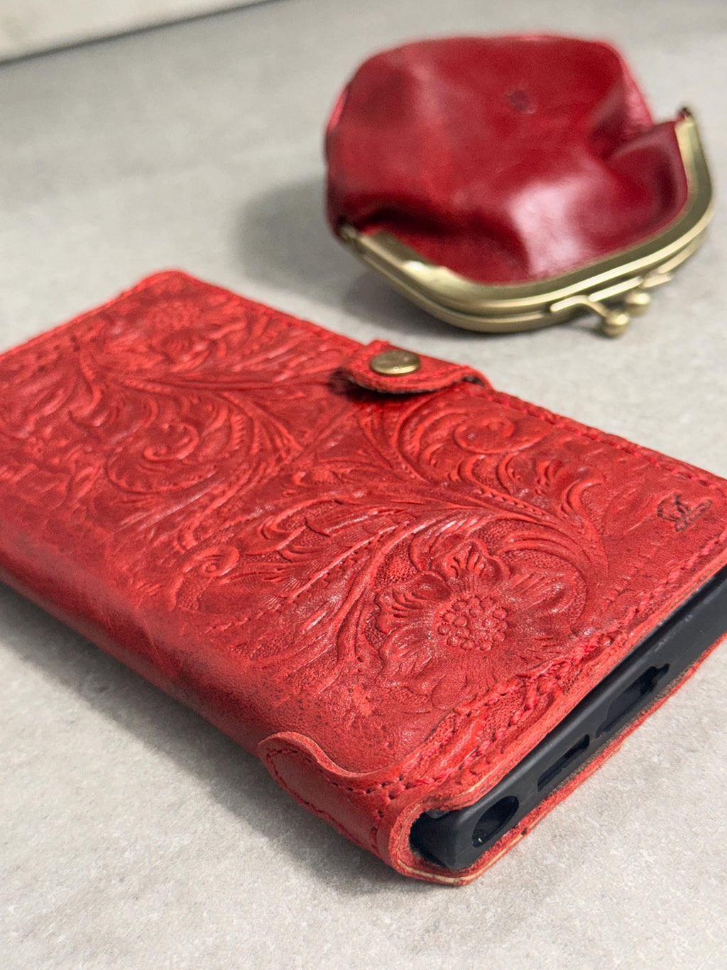 Red Embossed Leather Phone Case & Coin Purse Set | Floral Wallet, Gift for Her