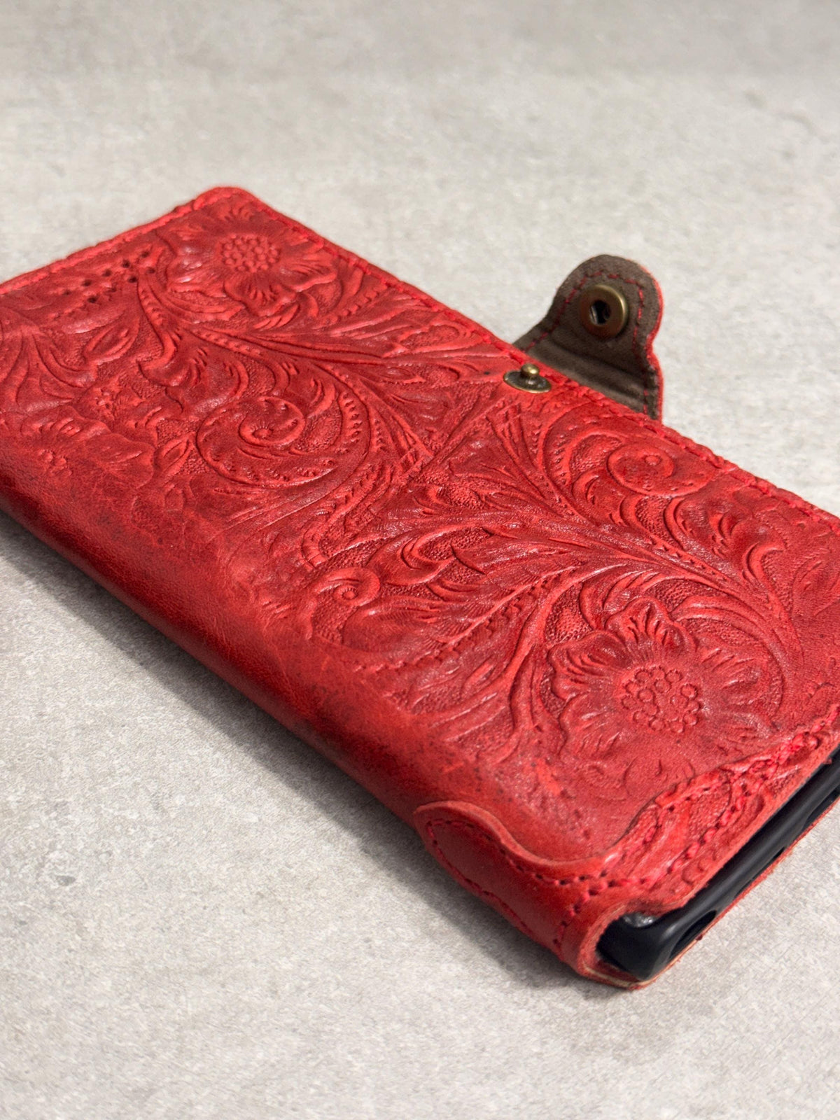 Red Embossed Leather Phone Case & Coin Purse Set | Floral Wallet, Gift for Her