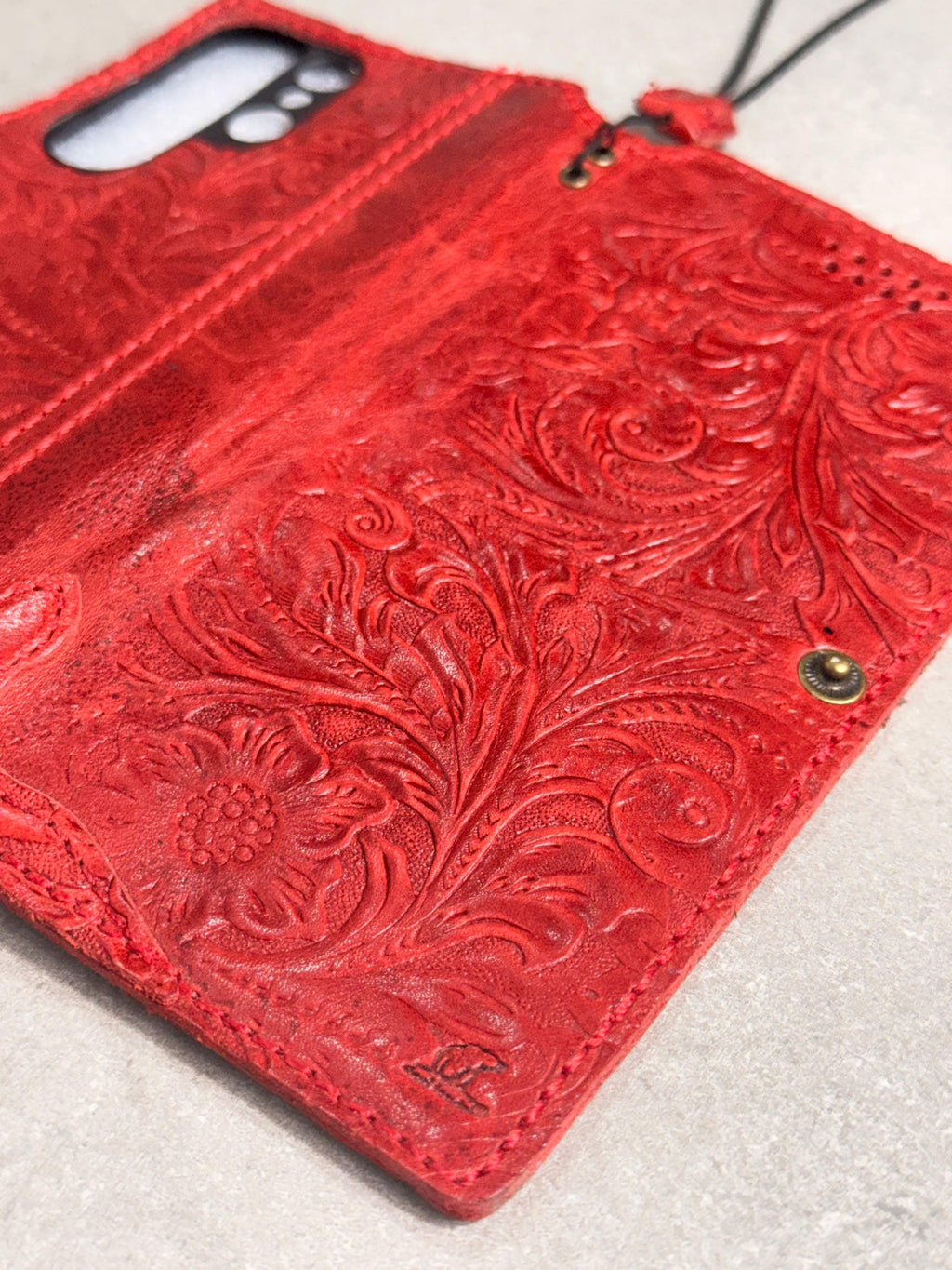 Red Embossed Leather Phone Case & Coin Purse Set | Floral Wallet, Gift for Her