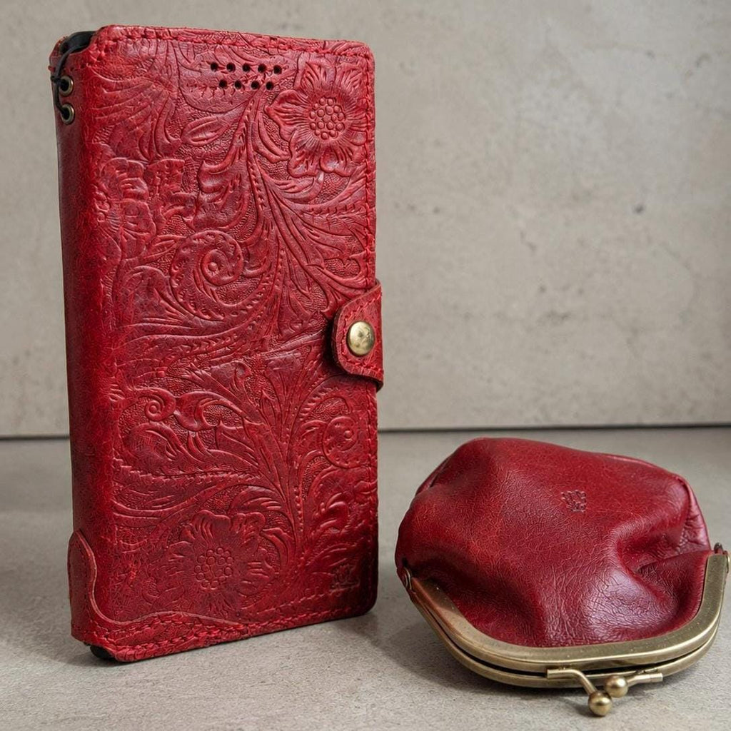 Red Embossed Leather Phone Case & Coin Purse Set | Floral Wallet, Gift for Her