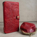Red Embossed Leather Phone Case & Coin Purse Set | Floral Wallet, Gift for Her