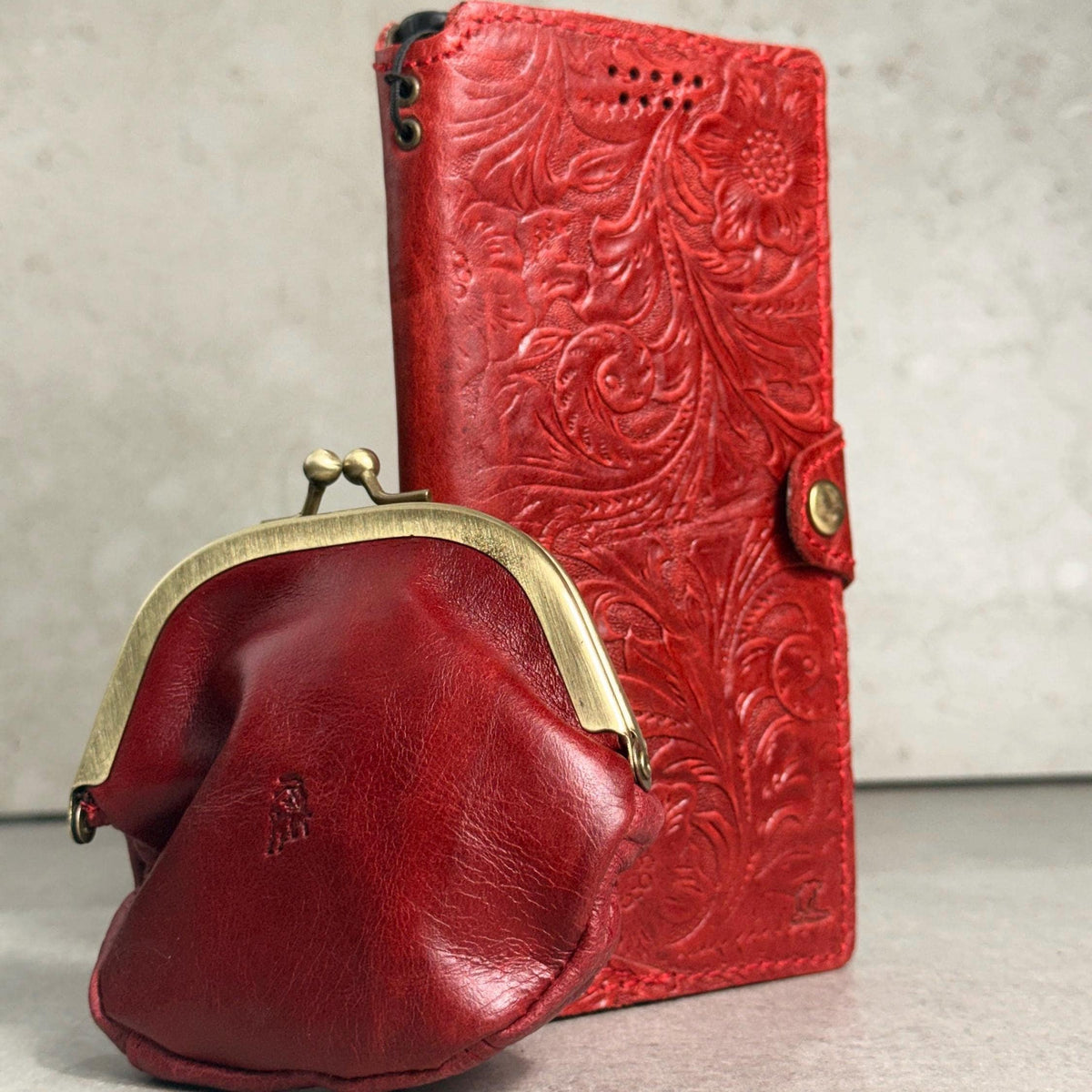 Red Embossed Leather Phone Case & Coin Purse Set | Floral Wallet, Gift for Her