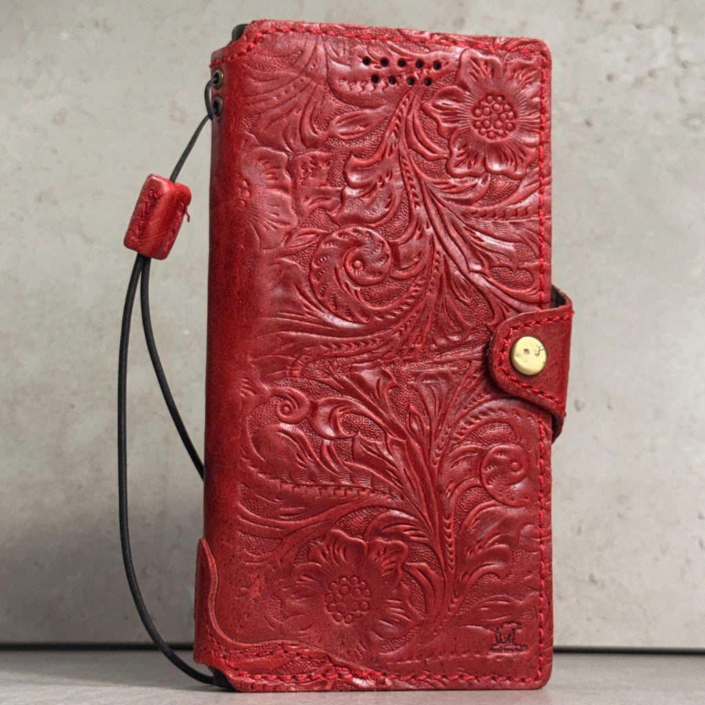 Red Embossed Leather Phone Case & Coin Purse Set | Floral Wallet, Gift for Her