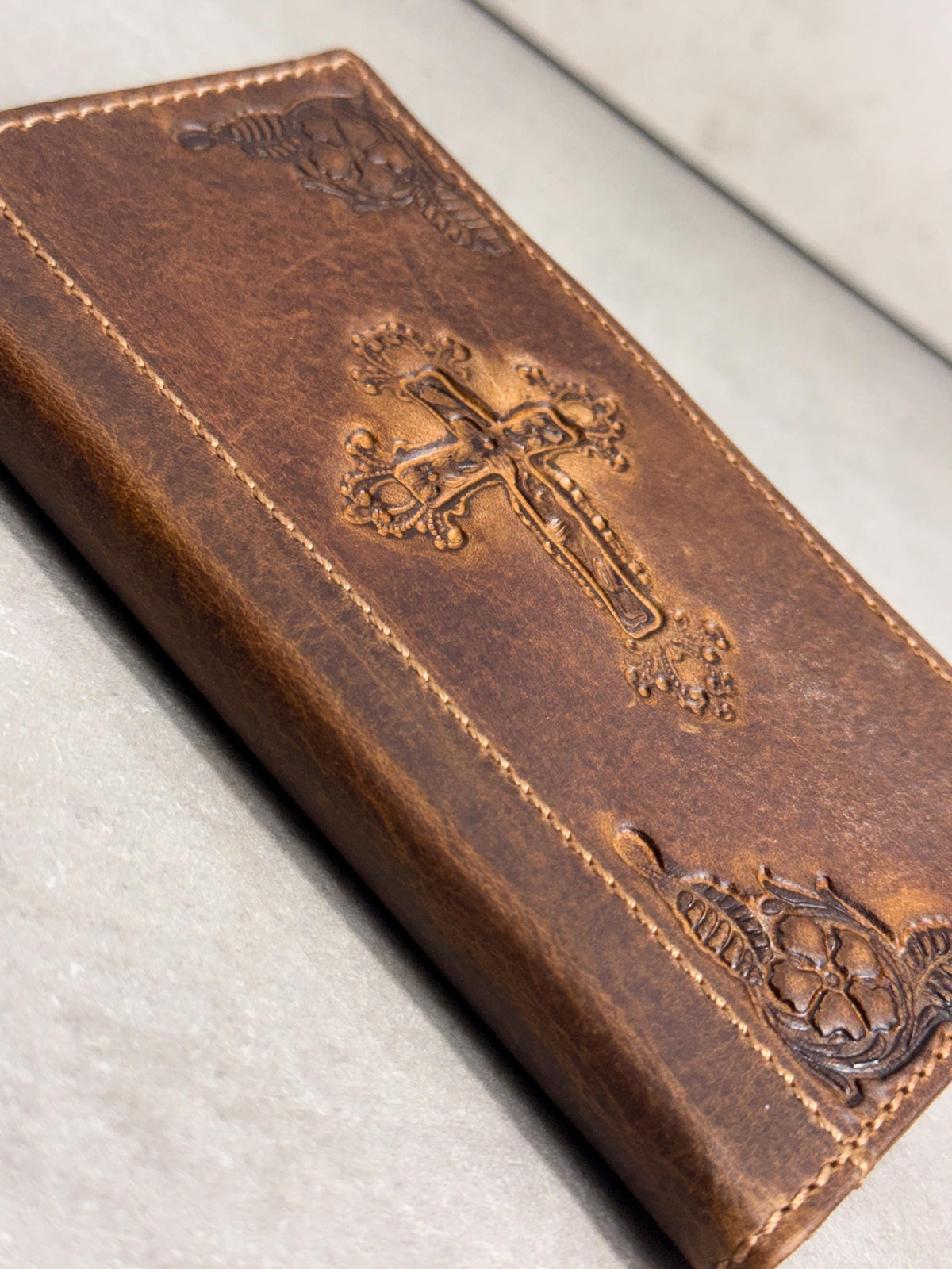 Handmade Leather iPhone Wallet Case: Vintage Stamped Cross Design