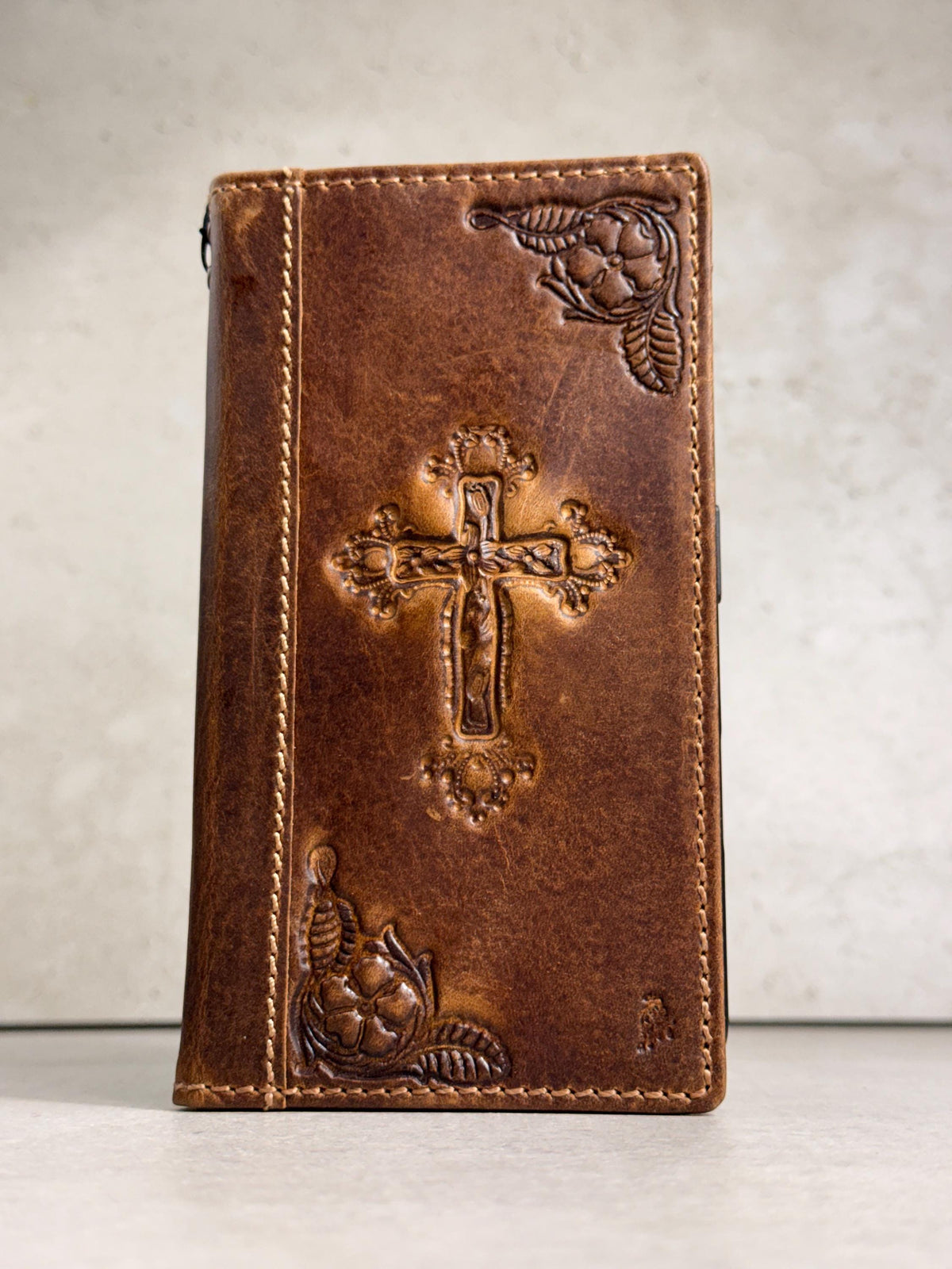 Handmade Leather iPhone Wallet Case: Vintage Stamped Cross Design