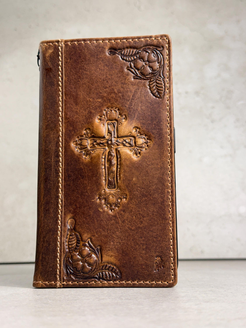 Handmade Leather iPhone Wallet Case: Vintage Stamped Cross Design