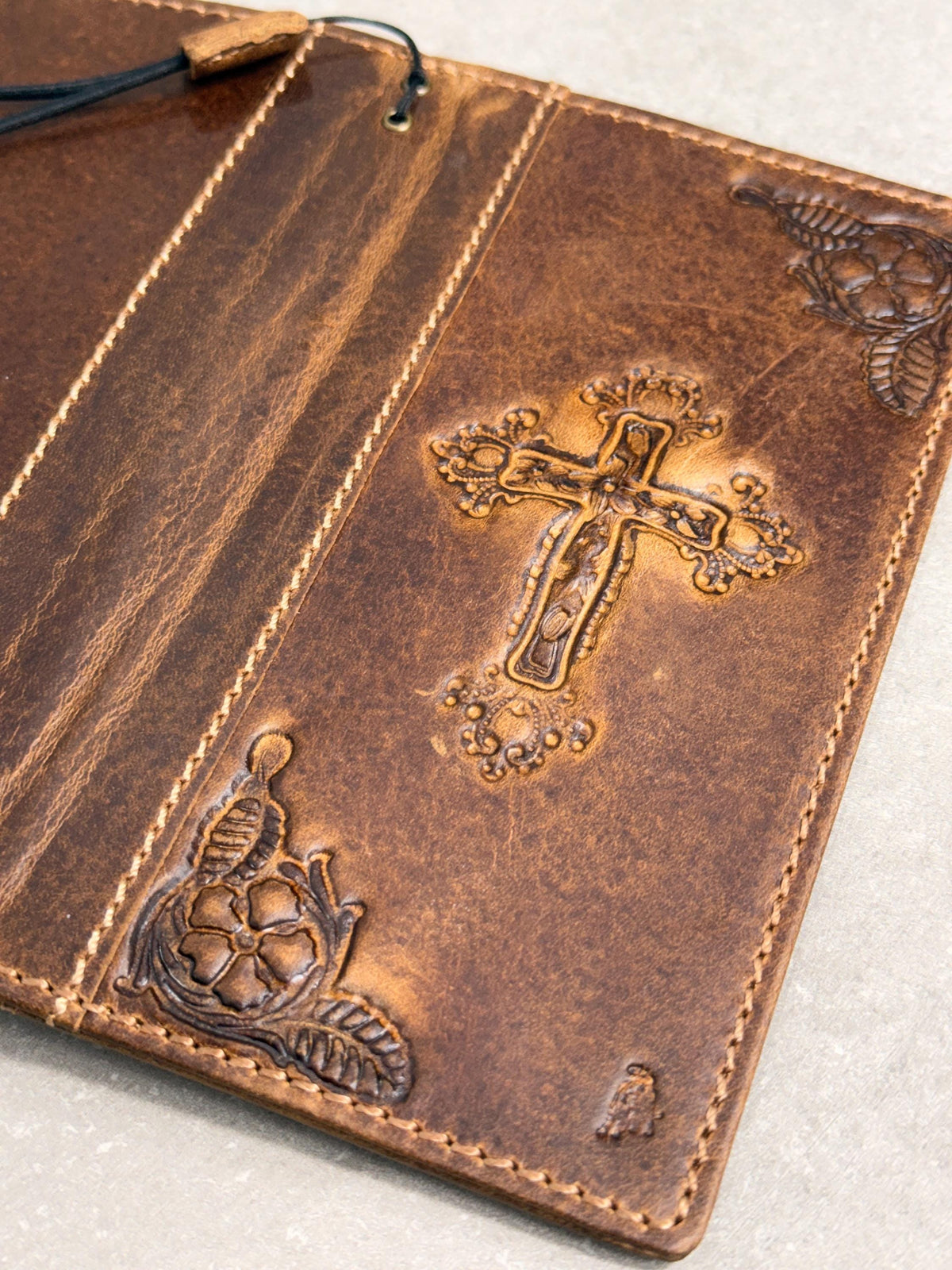 Handmade Leather iPhone Wallet Case: Vintage Stamped Cross Design