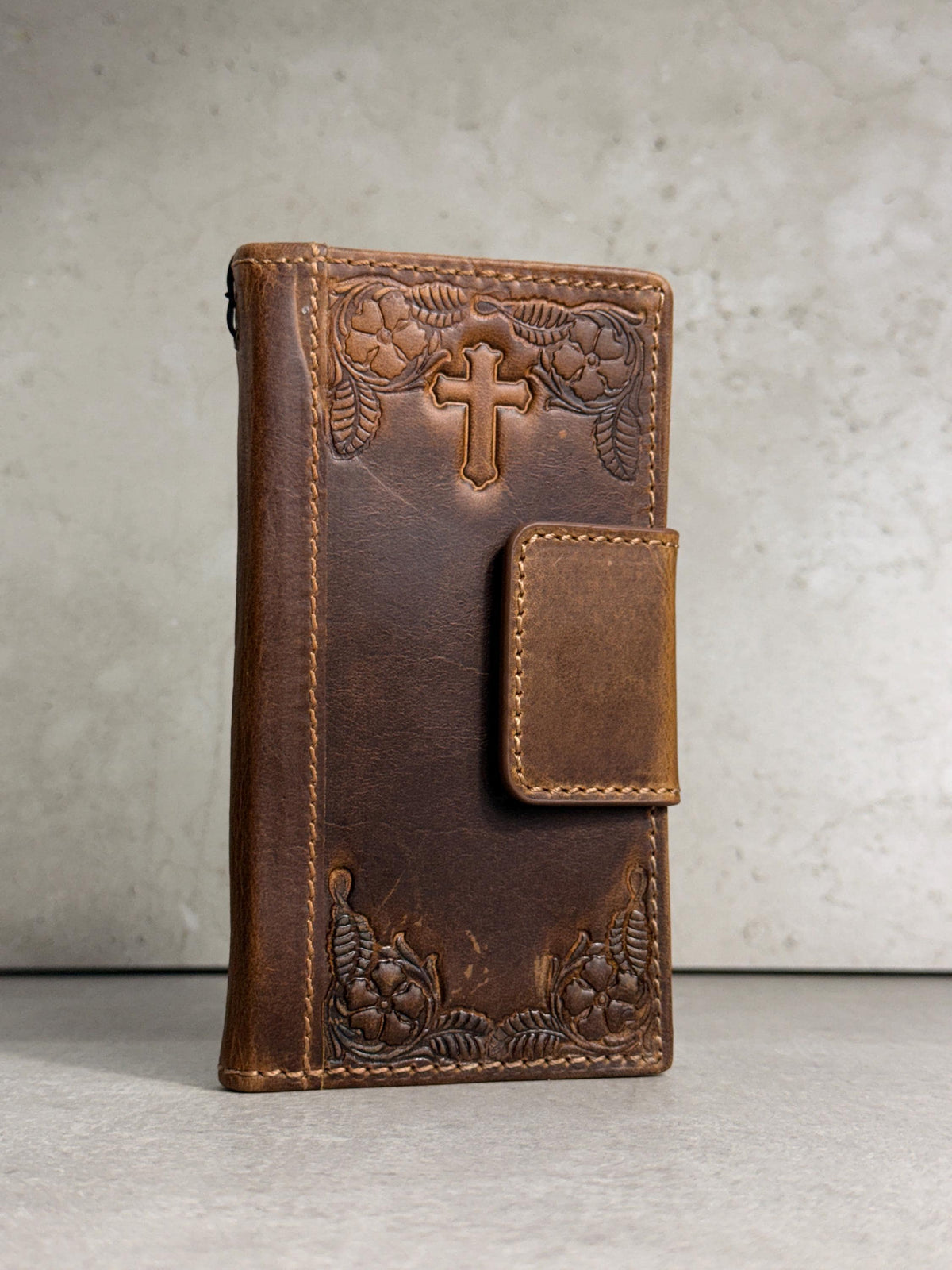 Handmade Leather Galaxy Phone Case: Jesus Cross Wallet, Wireless Charge