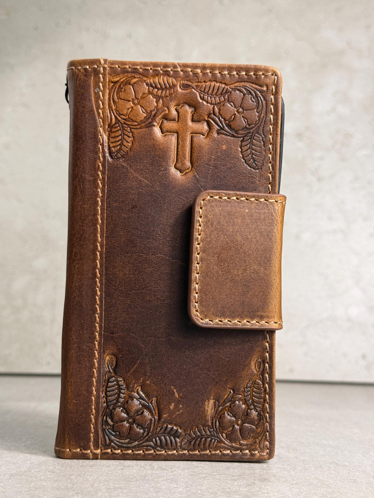 Handmade Leather Galaxy Phone Case: Jesus Cross Wallet, Wireless Charge