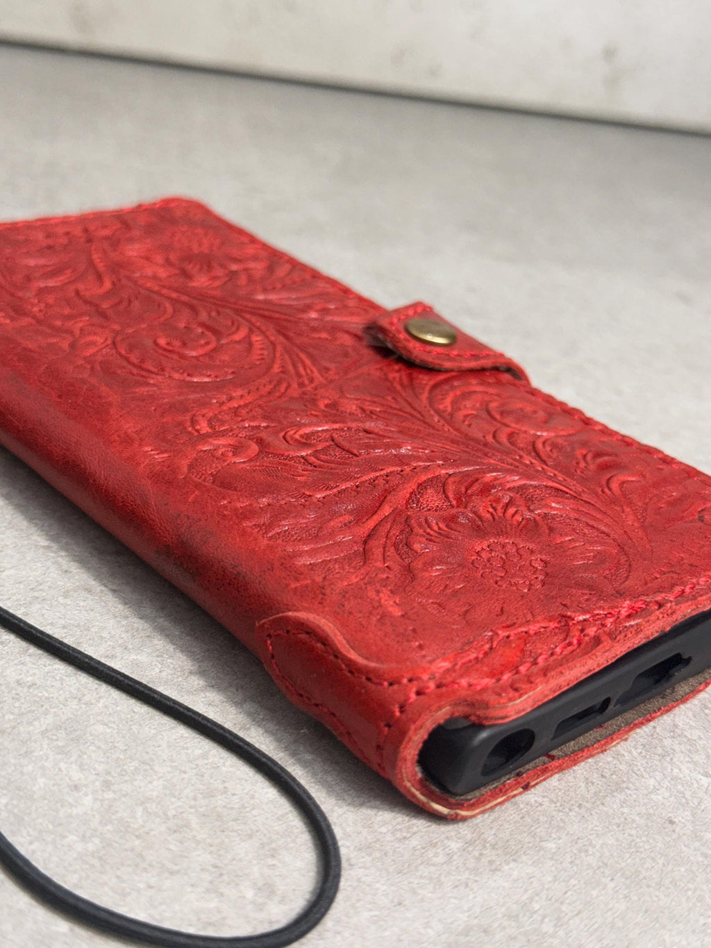 Red Embossed Leather Phone Case & Coin Purse Set | Floral Wallet, Gift for Her