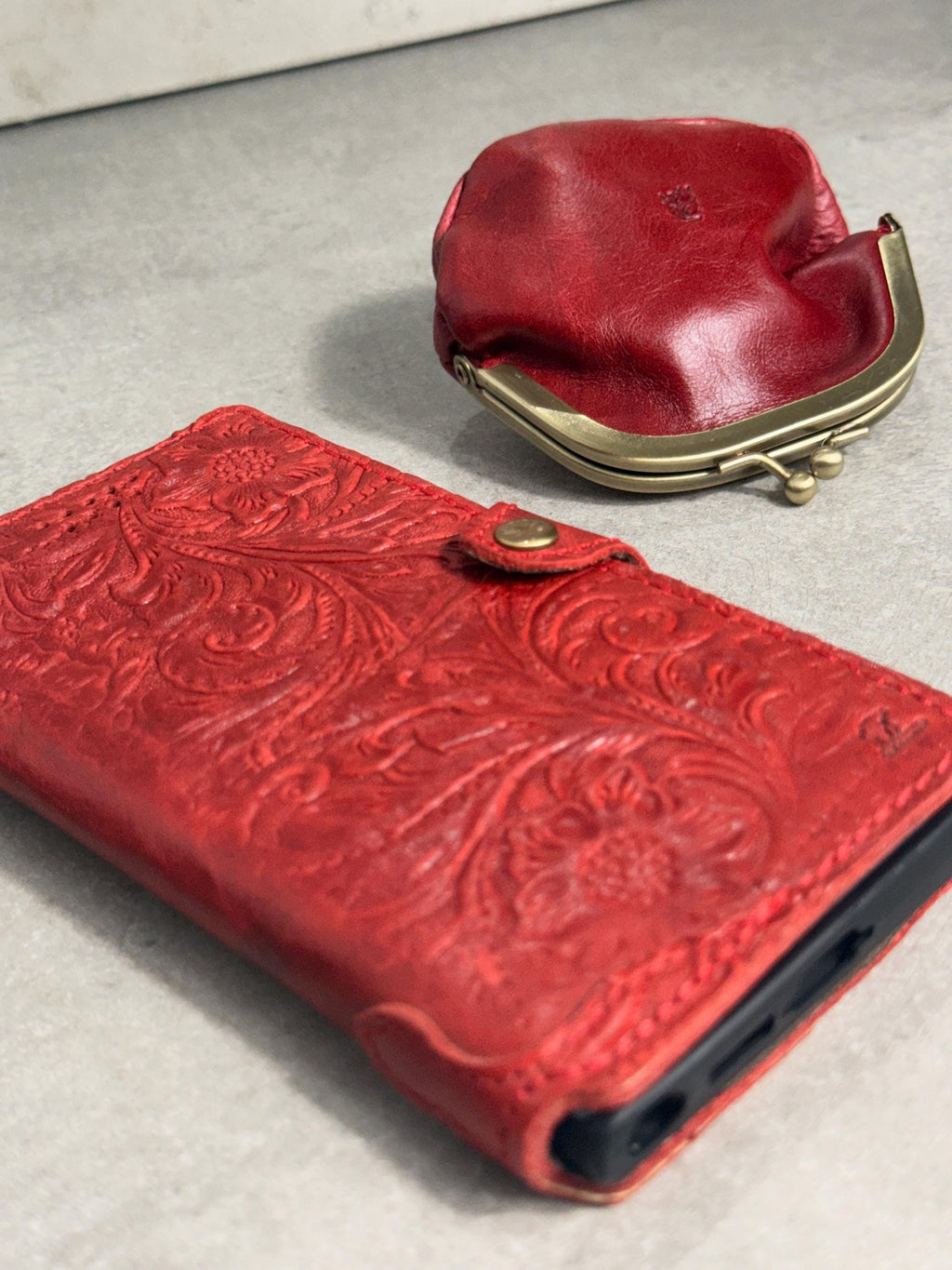 Red Embossed Leather Phone Case & Coin Purse Set | Floral Wallet, Gift for Her