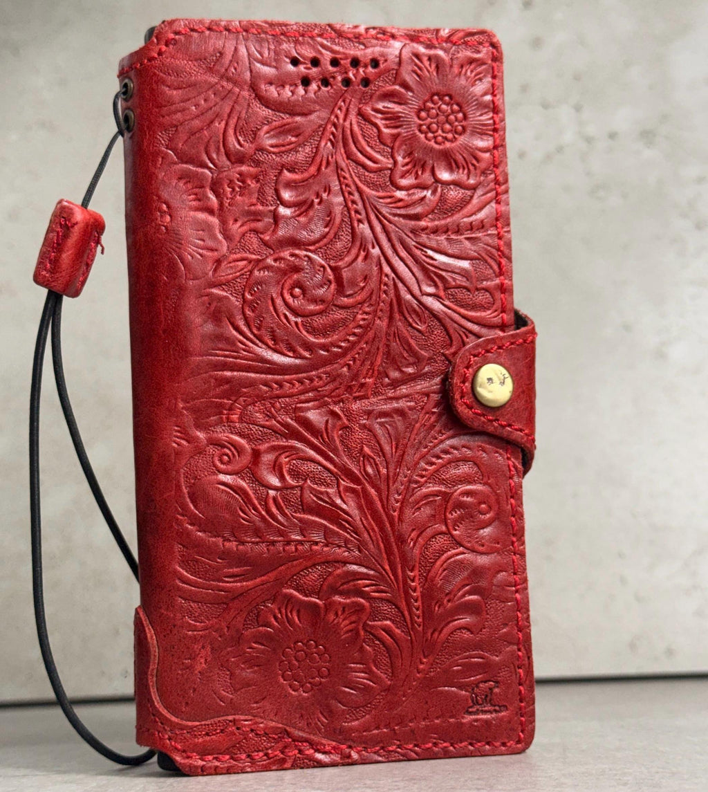 Red Embossed Leather Phone Case & Coin Purse Set | Floral Wallet, Gift for Her
