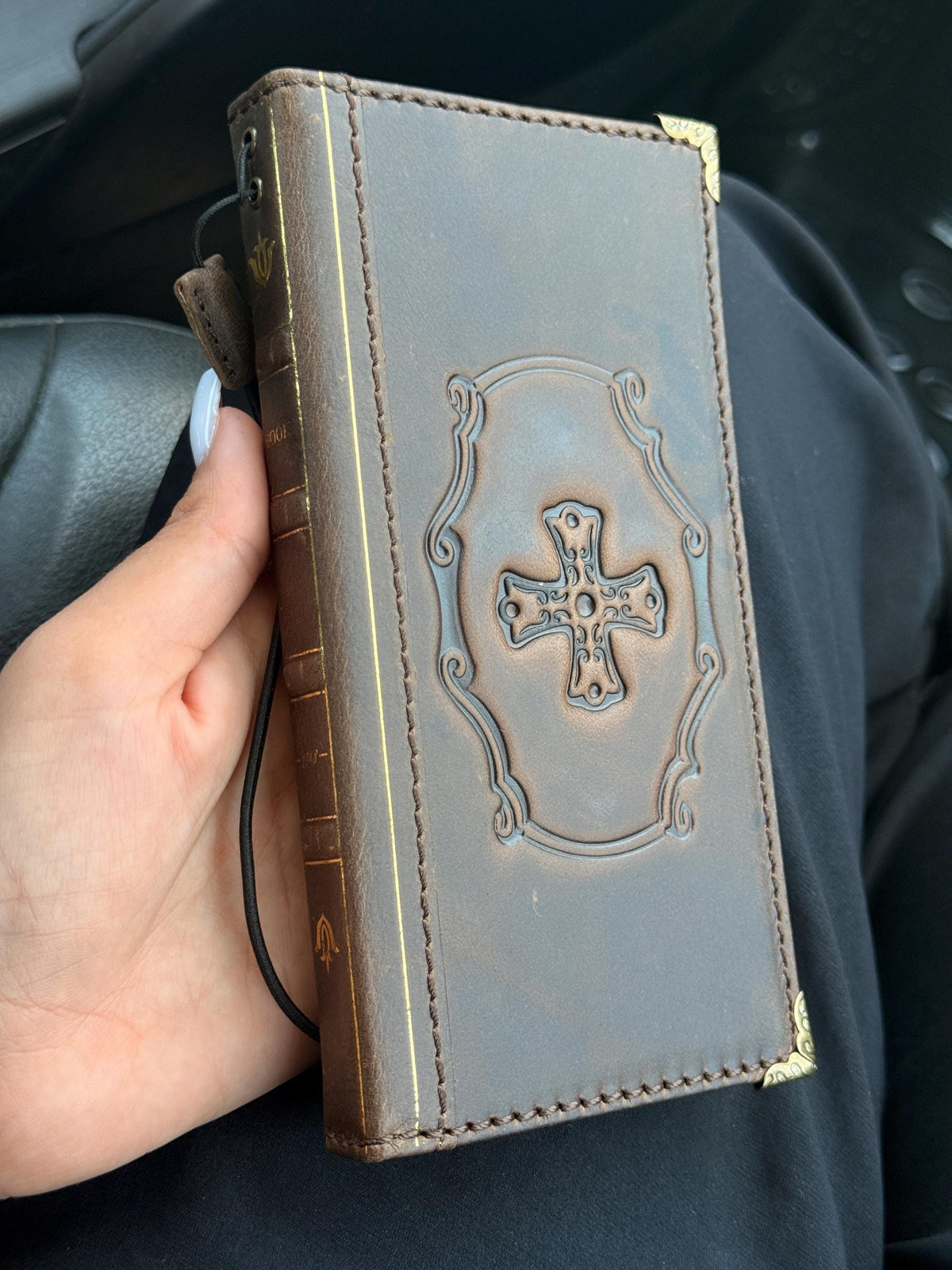 Embossed Leather iPhone Wallet : Vintage Book Style - iPhone 8 to 17 Pro Max
