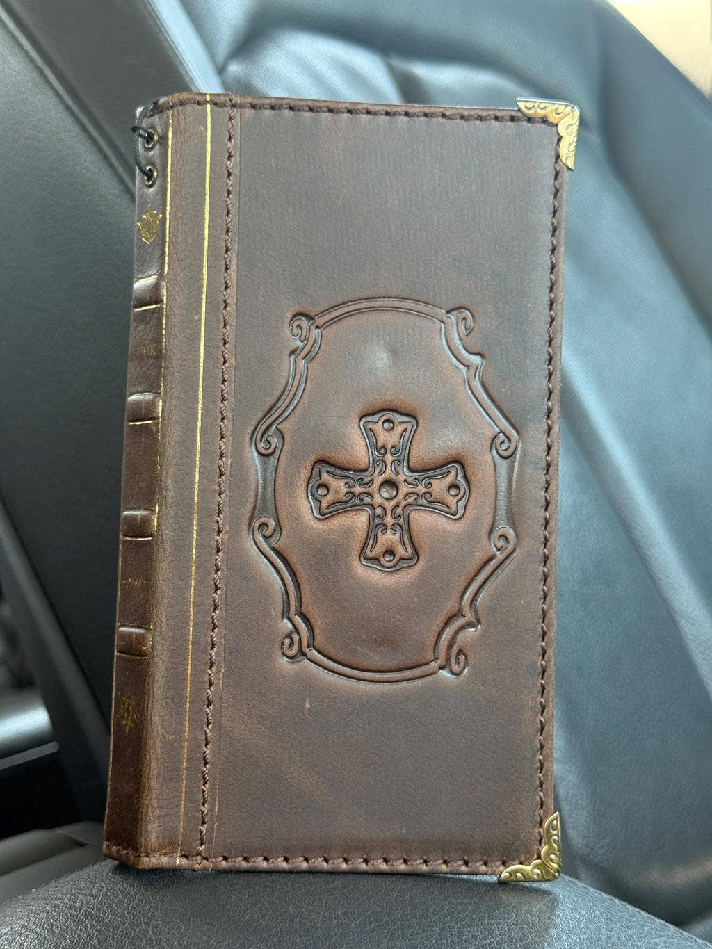 Embossed Leather iPhone Wallet : Vintage Book Style - iPhone 8 to 17 Pro Max