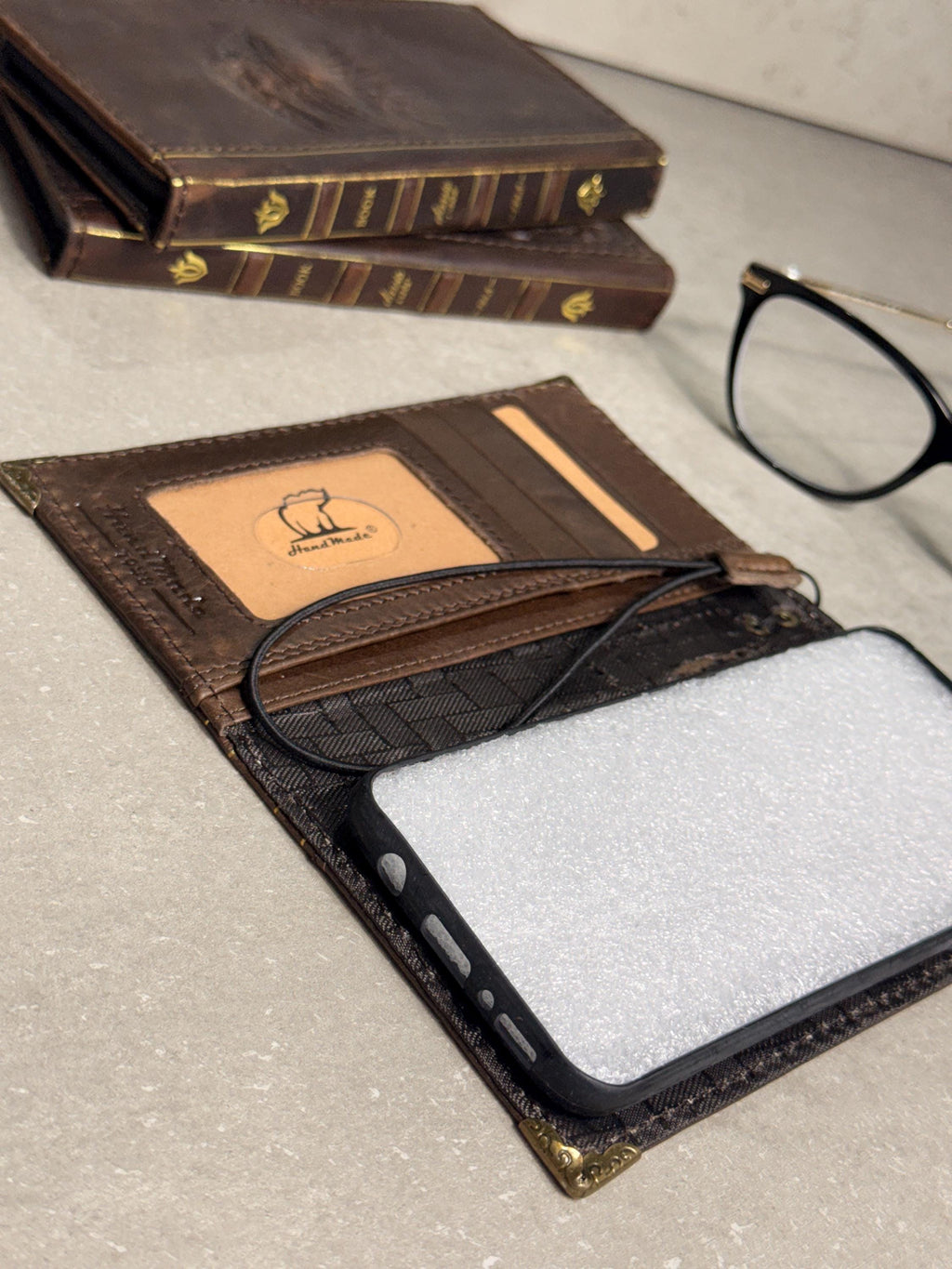 Embossed Leather iPhone Wallet : Vintage Book Style - iPhone 8 to 17 Pro Max