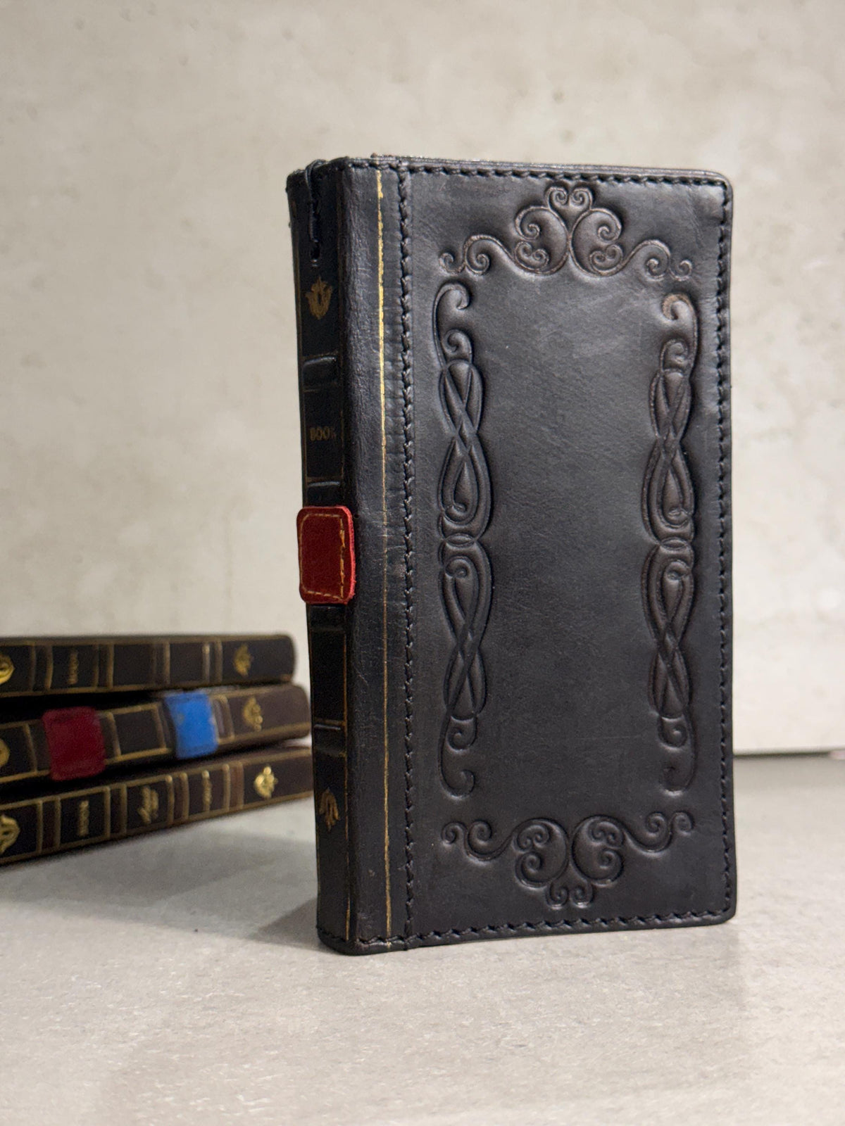 Handmade Black Leather Book iPhone Case: Vintage Art Design Wallet Cover Ip 7-18 max