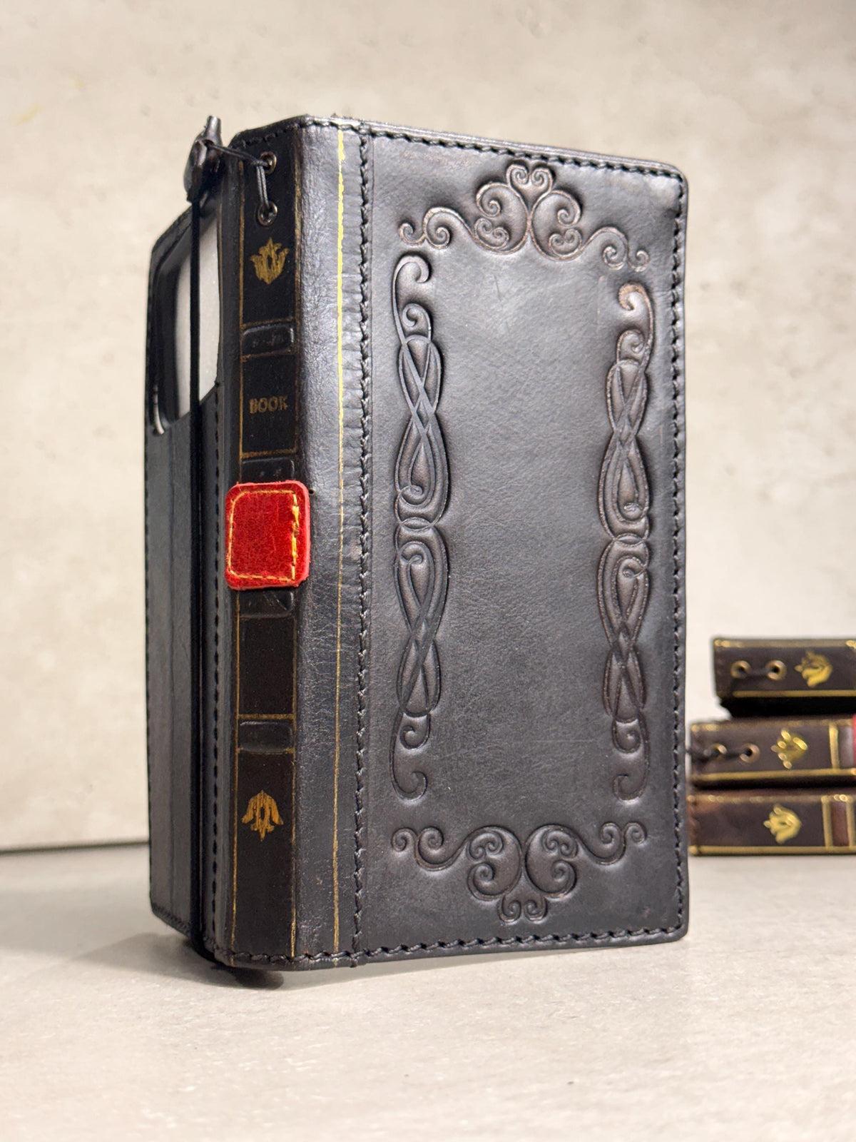 Handmade Black Leather Book iPhone Case: Vintage Art Design Wallet Cover Ip 7-18 max