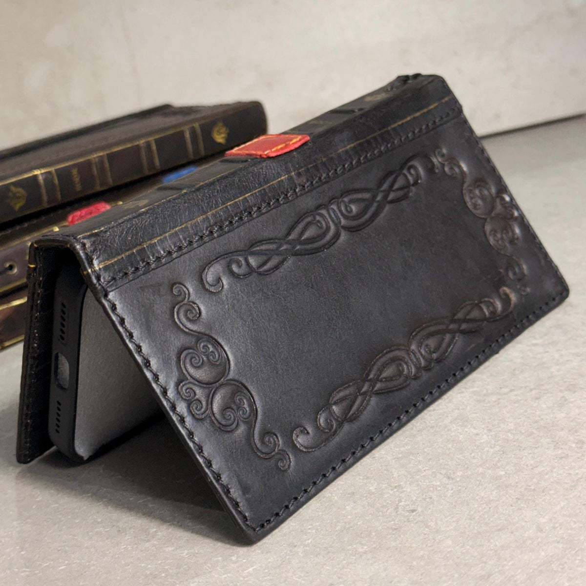 Handmade Black Leather Book iPhone Case: Vintage Art Design Wallet Cover Ip 7-18 max