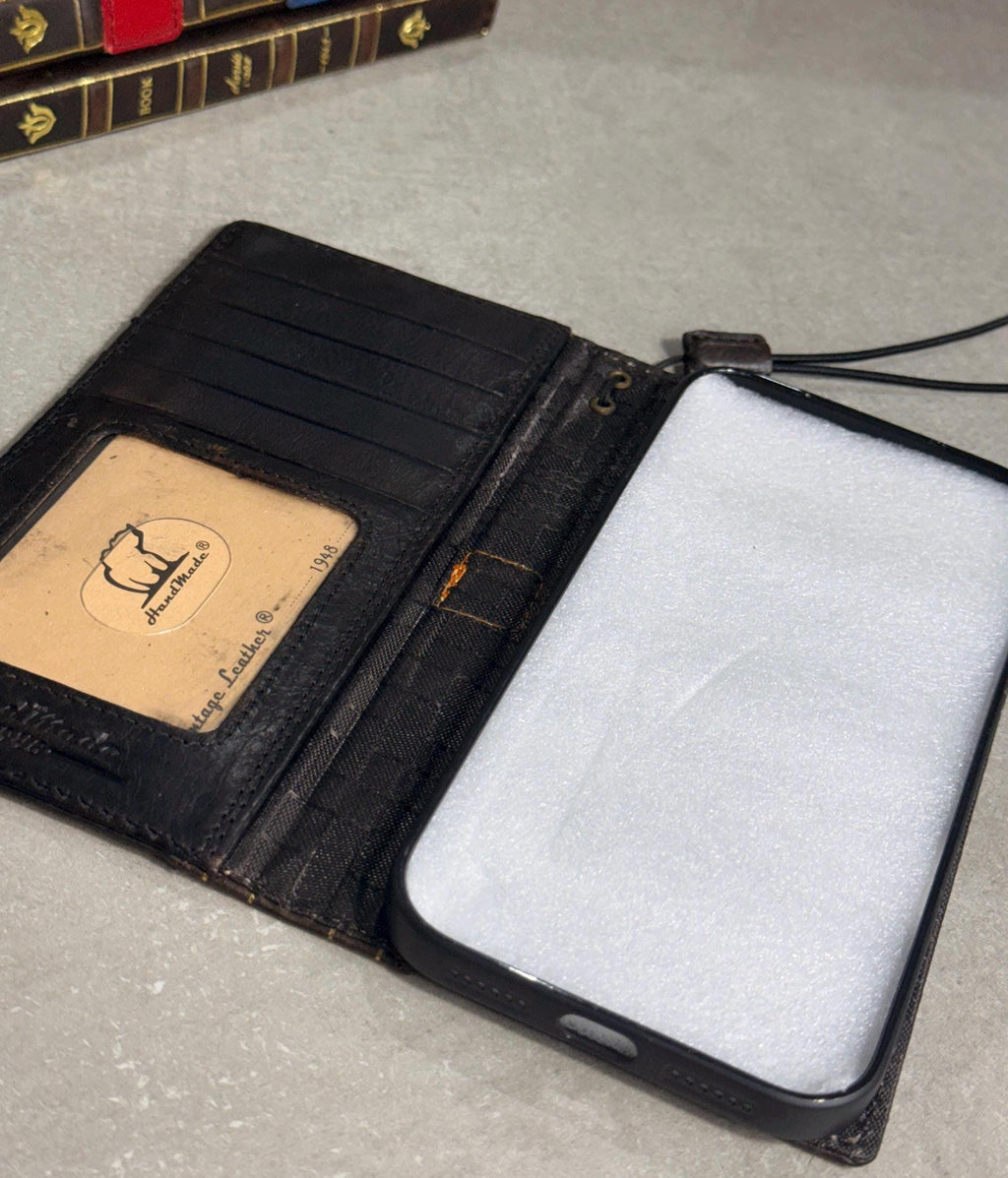 Handmade Black Leather Book iPhone Case: Vintage Art Design Wallet Cover Ip 7-18 max