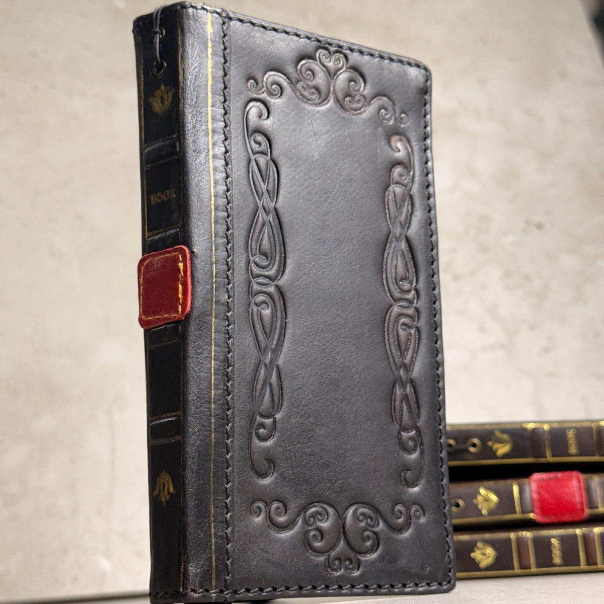 Handmade Black Leather Book iPhone Case: Vintage Art Design Wallet Cover Ip 7-18 max