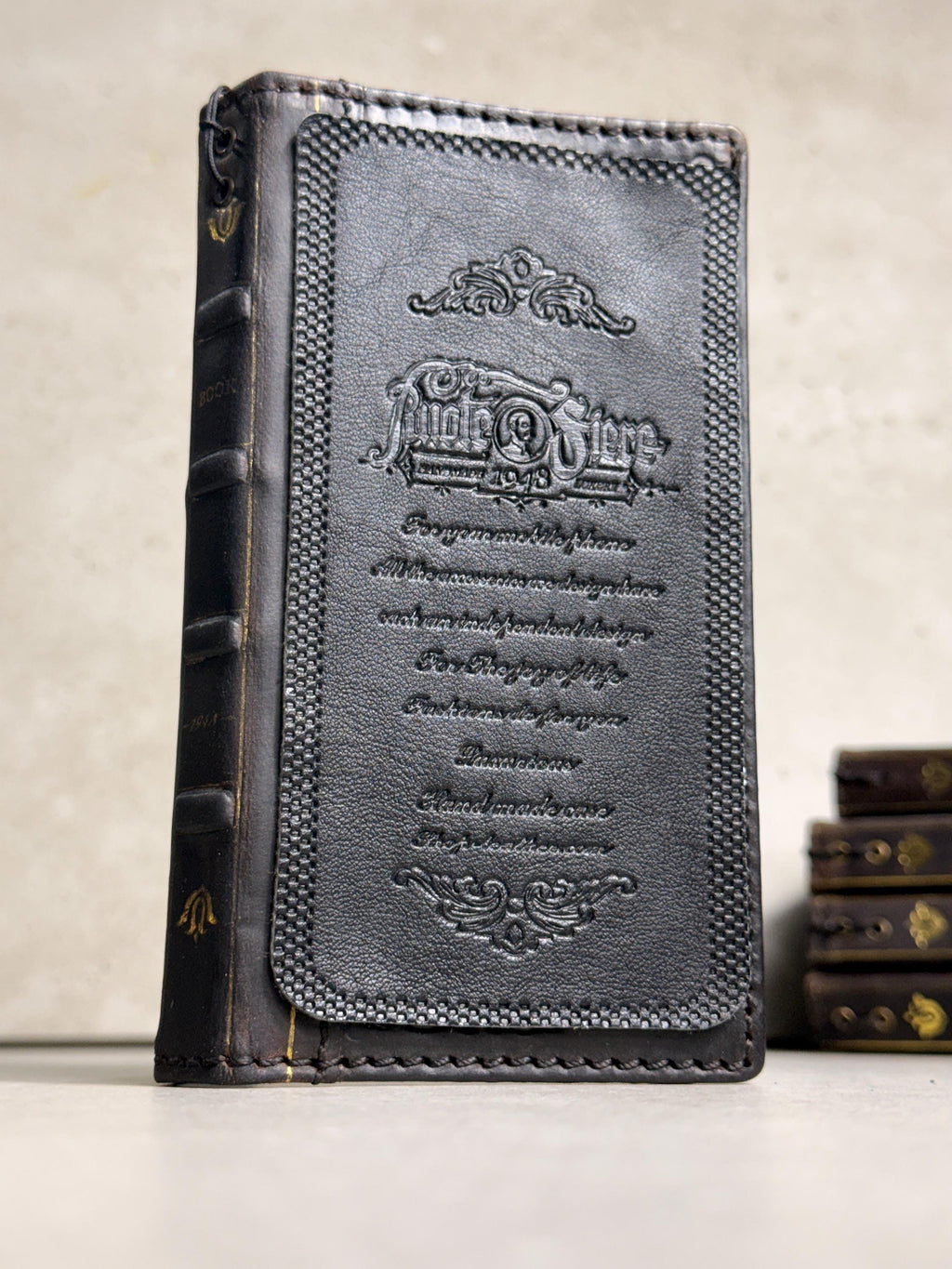 Handmade Black Leather Book iPhone Case: Vintage Art Design Wallet Cover Ip 7-18 max