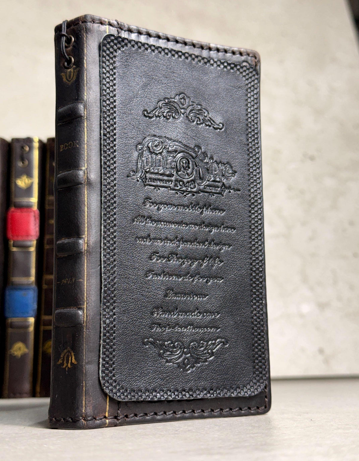 Handmade Black Leather Book iPhone Case: Vintage Art Design Wallet Cover Ip 7-18 max