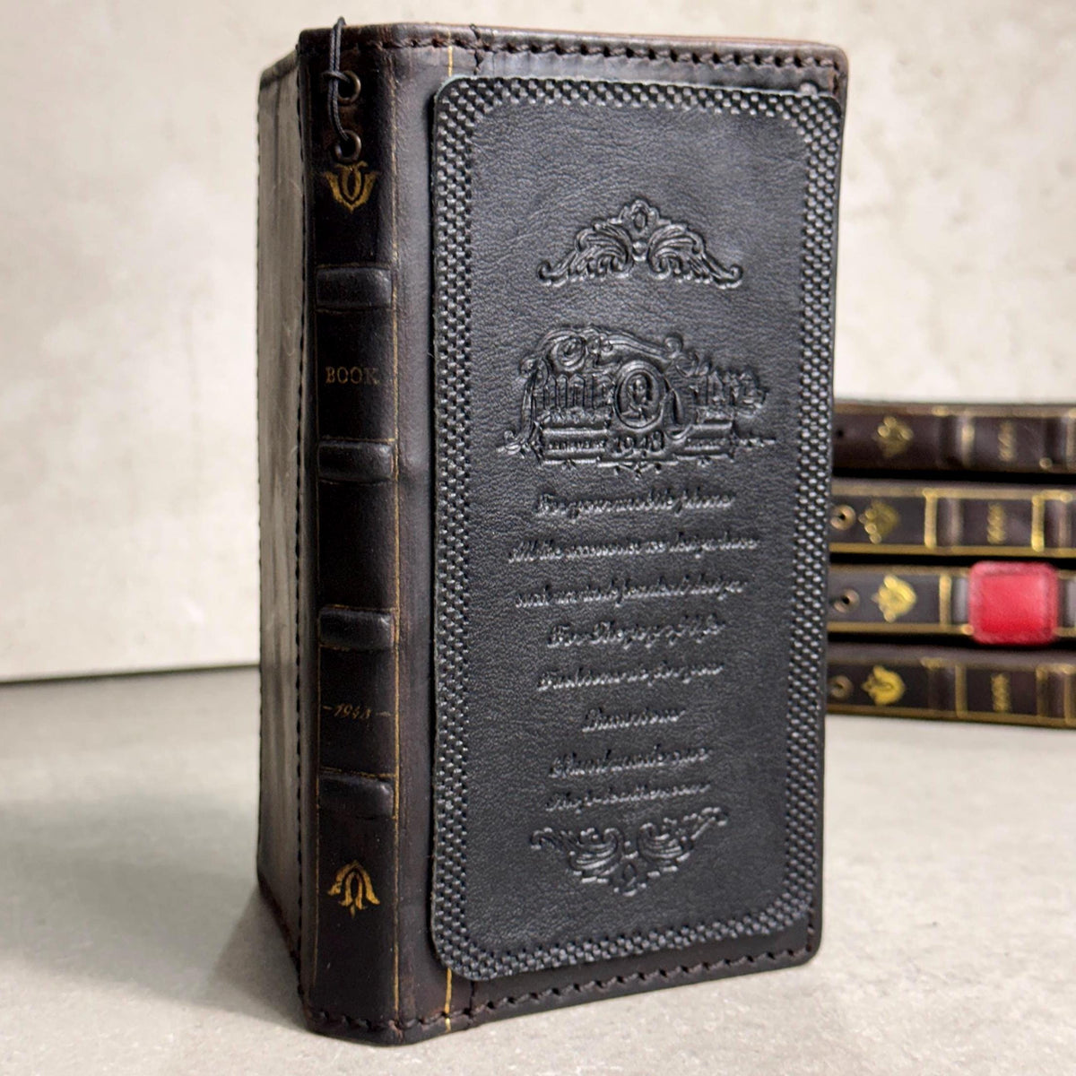 Handmade Black Leather Book iPhone Case: Vintage Art Design Wallet Cover Ip 7-18 max