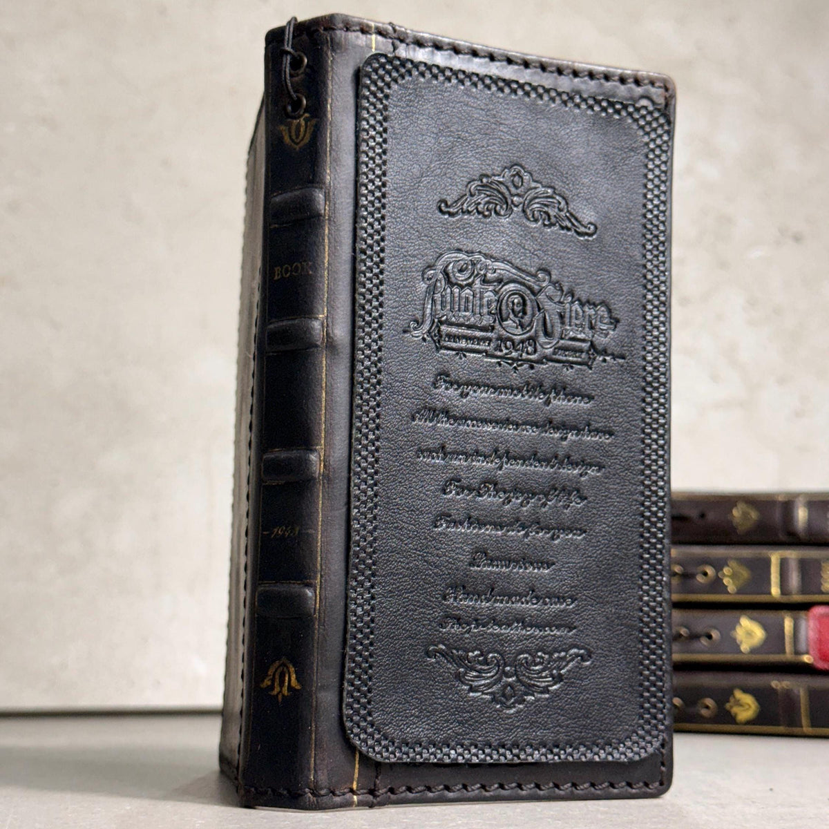Handmade Black Leather Book iPhone Case: Vintage Art Design Wallet Cover Ip 7-18 max