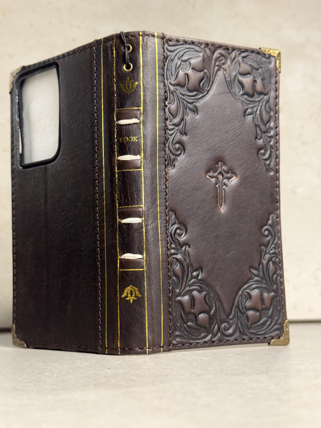 Genuine Leather Wallet Case: Vintage Book Style, Card Slots Motorola
