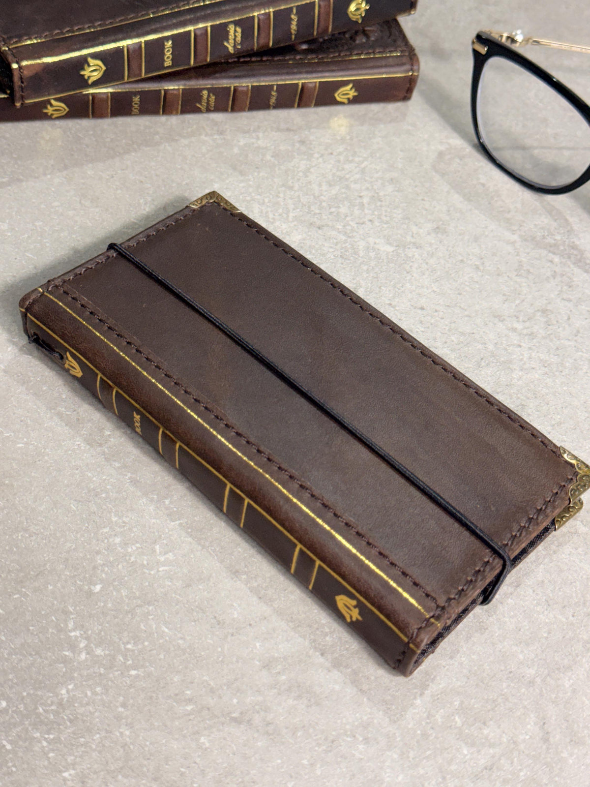 Embossed Leather iPhone Wallet : Vintage Book Style - iPhone 8 to 17 Pro Max