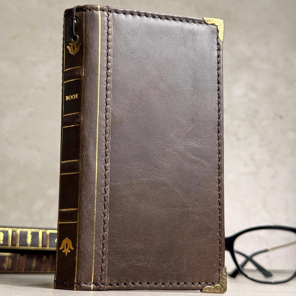 Embossed Leather iPhone Wallet : Vintage Book Style - iPhone 8 to 17 Pro Max