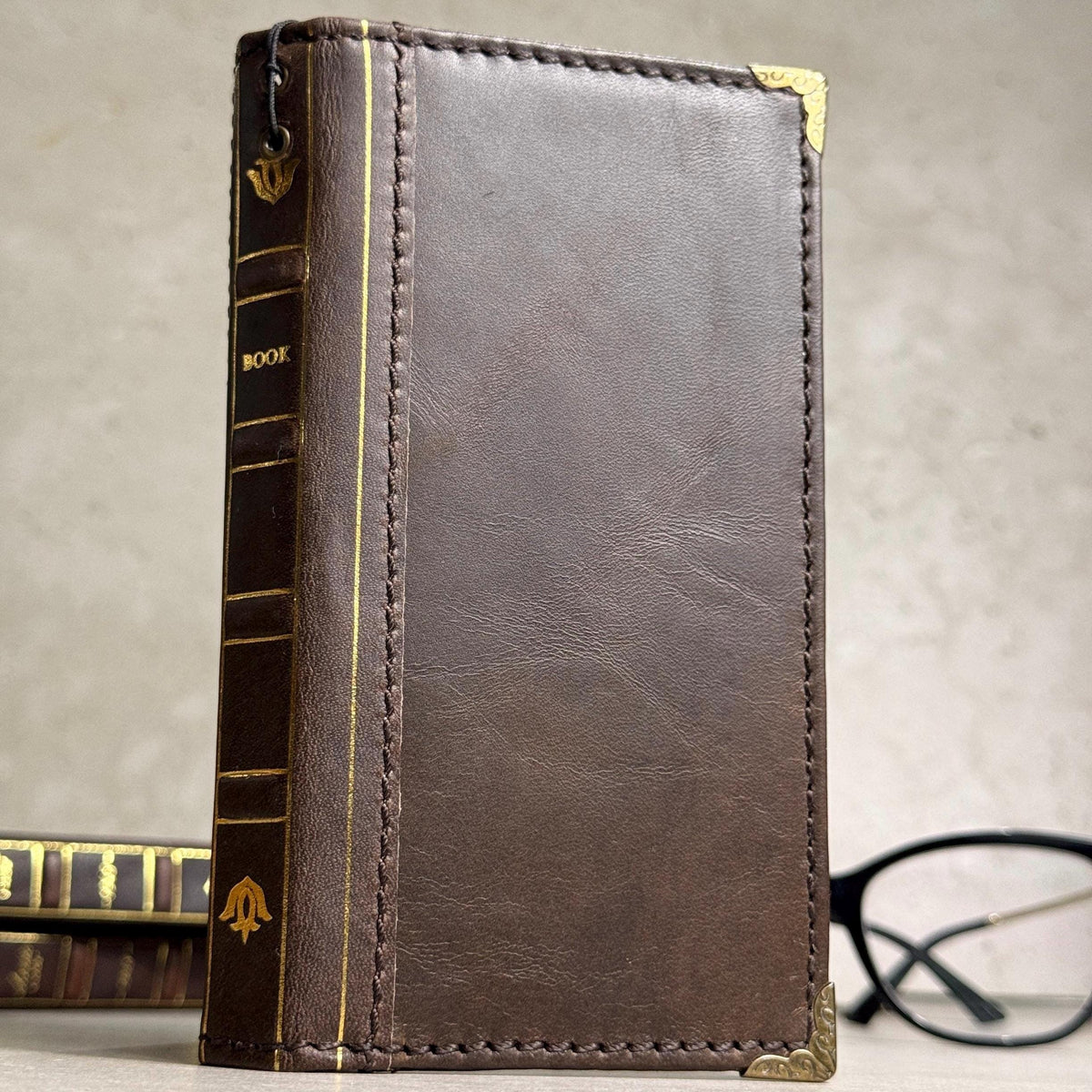 Embossed Leather iPhone Wallet : Vintage Book Style - iPhone 8 to 17 Pro Max