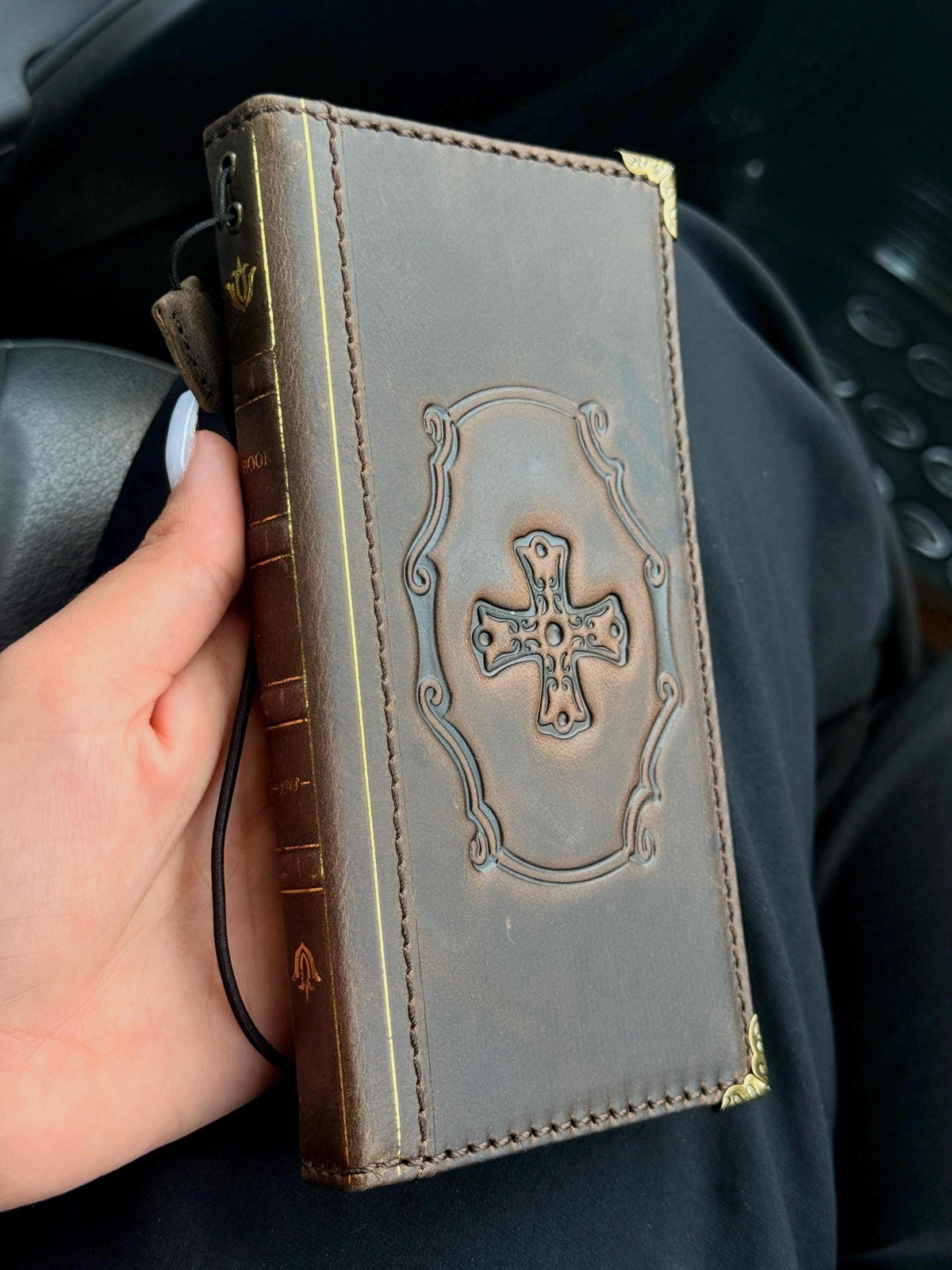 Embossed Leather iPhone Wallet : Vintage Book Style - iPhone 8 to 17 Pro Max