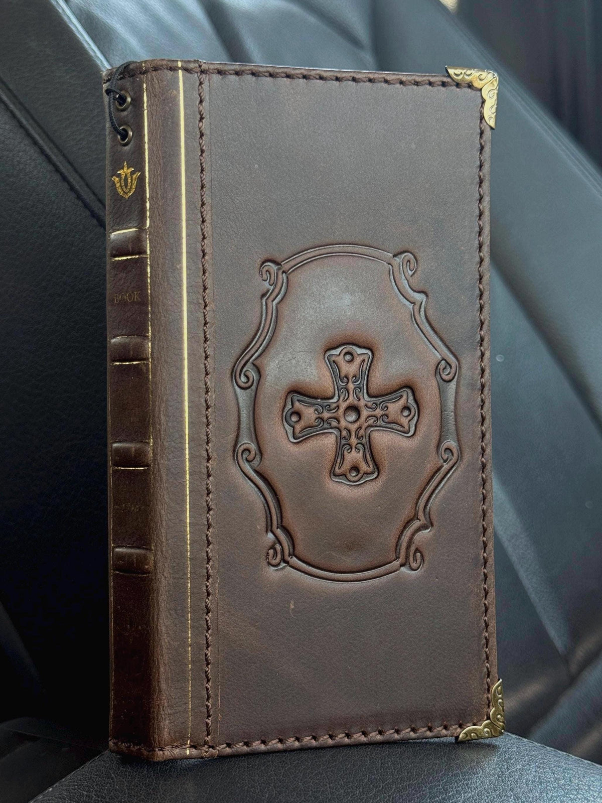 Embossed Leather iPhone Wallet : Vintage Book Style - iPhone 8 to 17 Pro Max