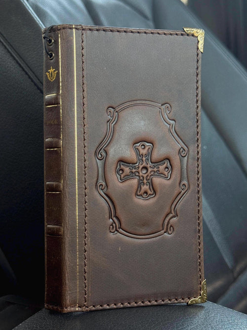 Embossed Leather iPhone Wallet : Vintage Book Style - iPhone 8 to 17 Pro Max
