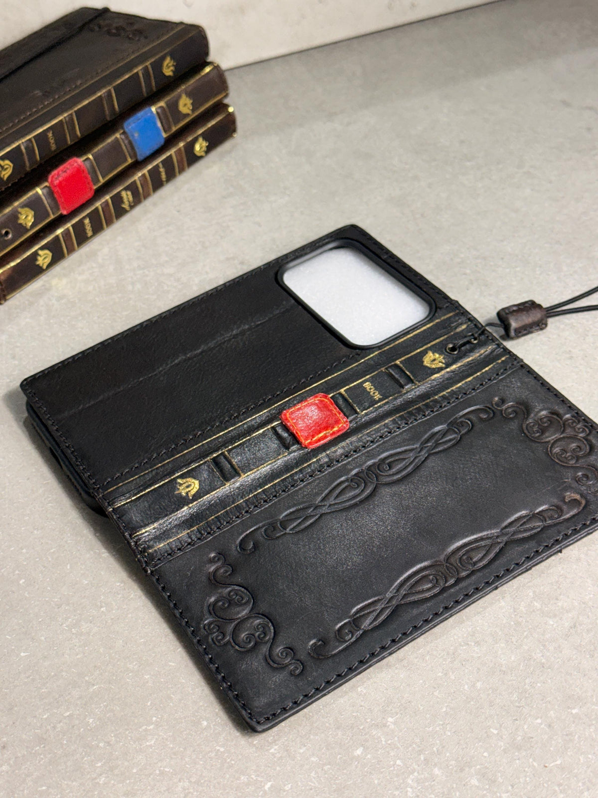 Handmade Black Leather Book iPhone Case: Vintage Art Design Wallet Cover Ip 7-18 max