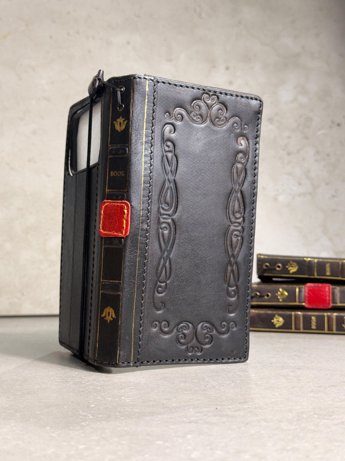 Handmade Black Leather Book iPhone Case: Vintage Art Design Wallet Cover Ip 7-18 max