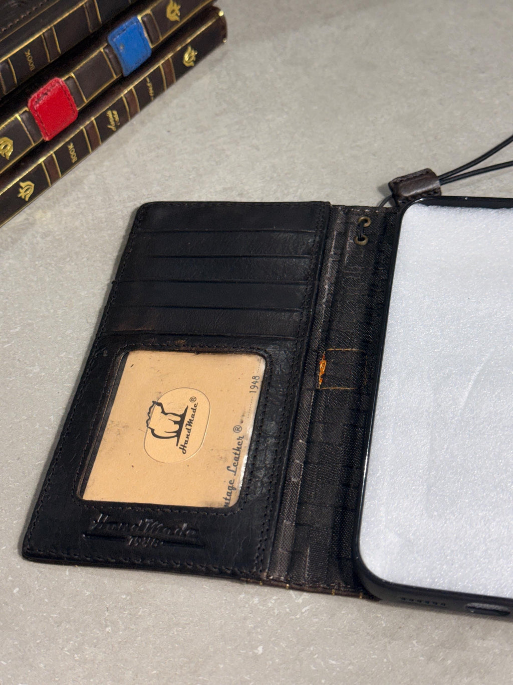 Handmade Black Leather Book iPhone Case: Vintage Art Design Wallet Cover Ip 7-18 max