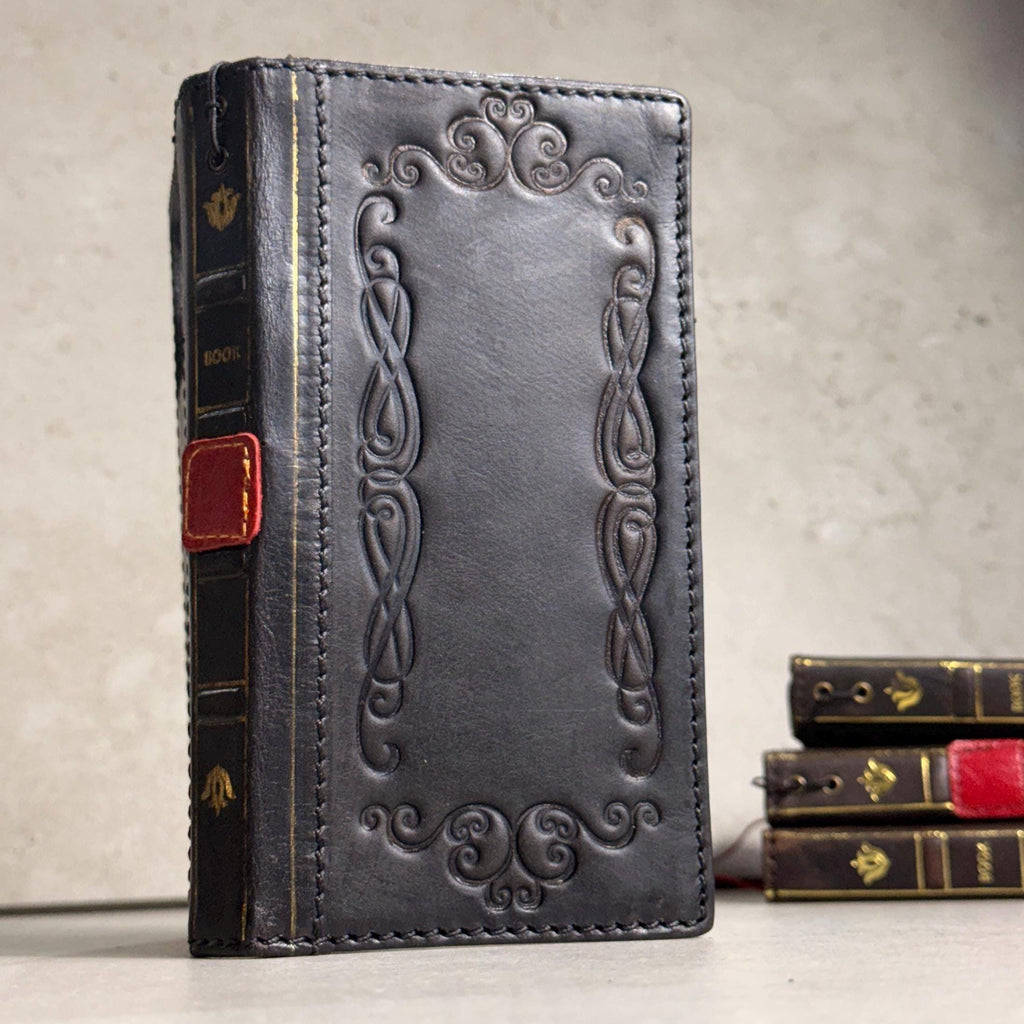 Handmade Black Leather Book iPhone Case: Vintage Art Design Wallet Cover Ip 7-18 max