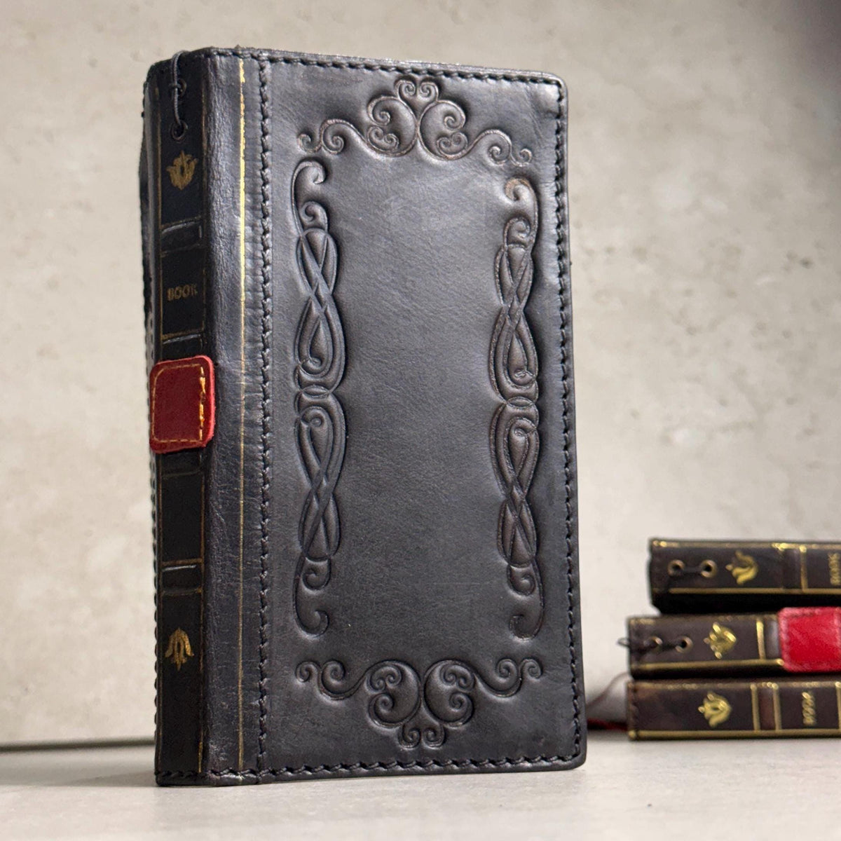 Handmade Black Leather Book iPhone Case: Vintage Art Design Wallet Cover Ip 7-18 max