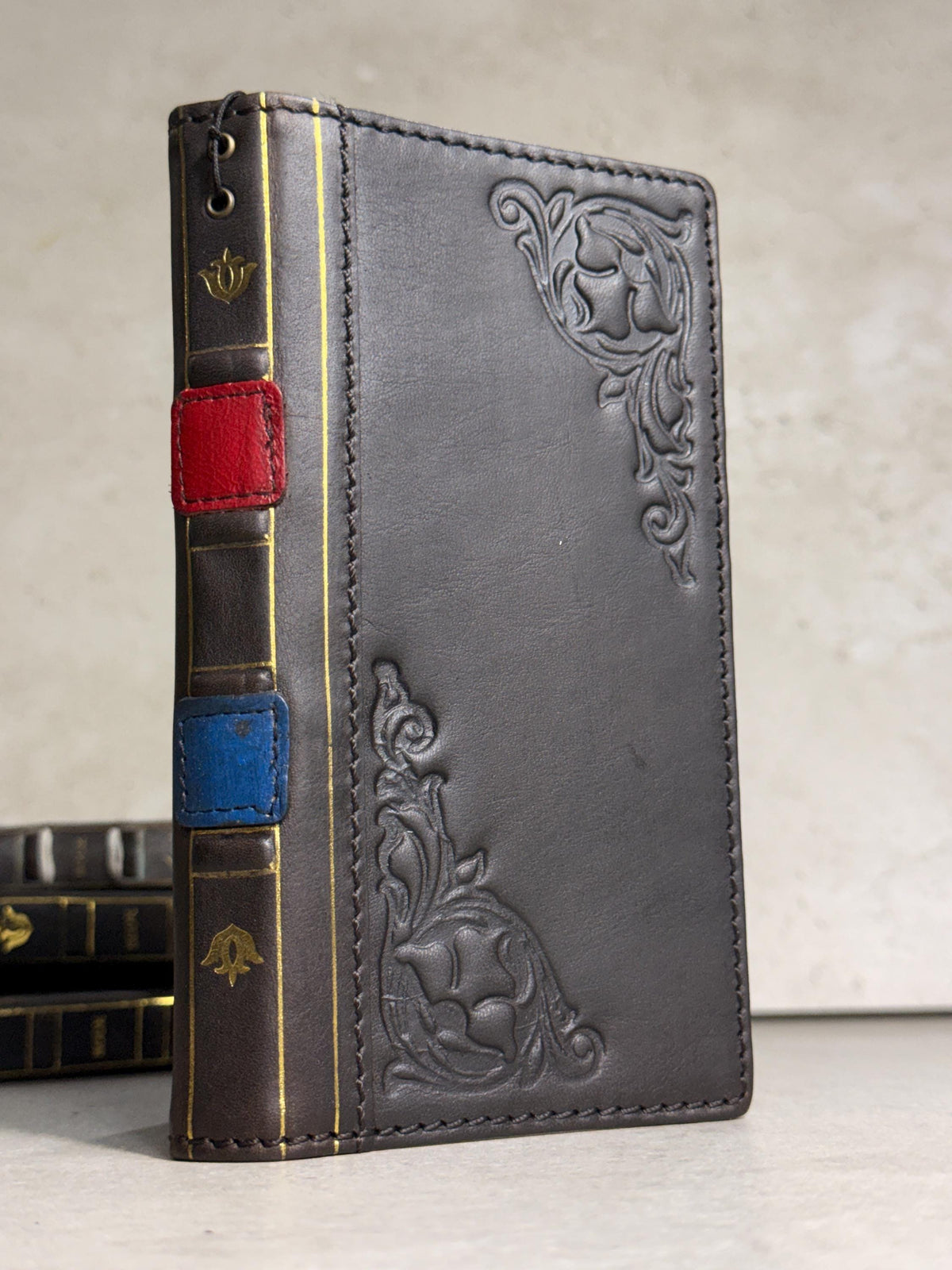 Handmade Black Leather Book iPhone Case: Vintage Art Design Wallet Cover Ip 7-18 max