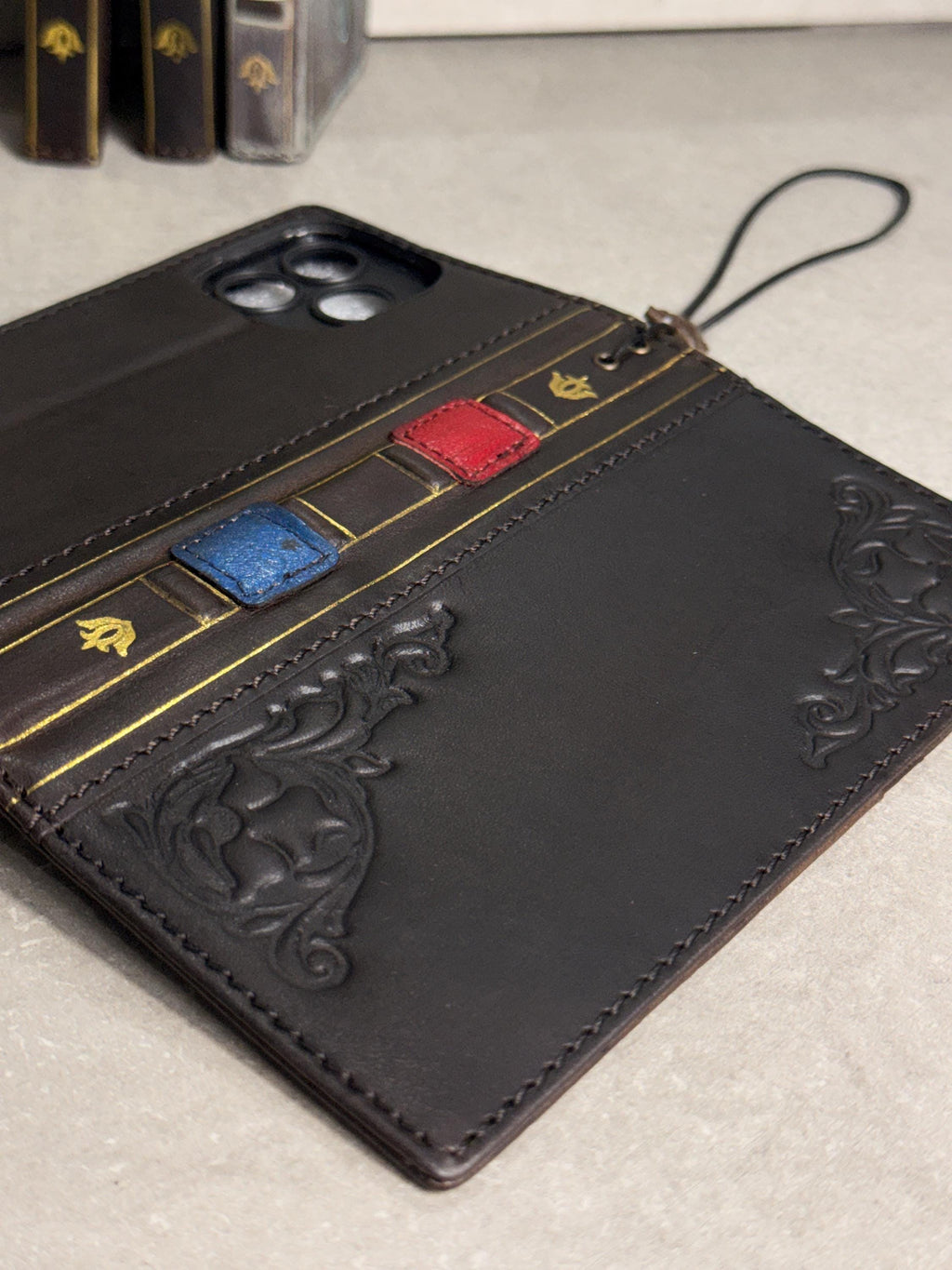 Handmade Black Leather Book iPhone Case: Vintage Art Design Wallet Cover Ip 7-18 max