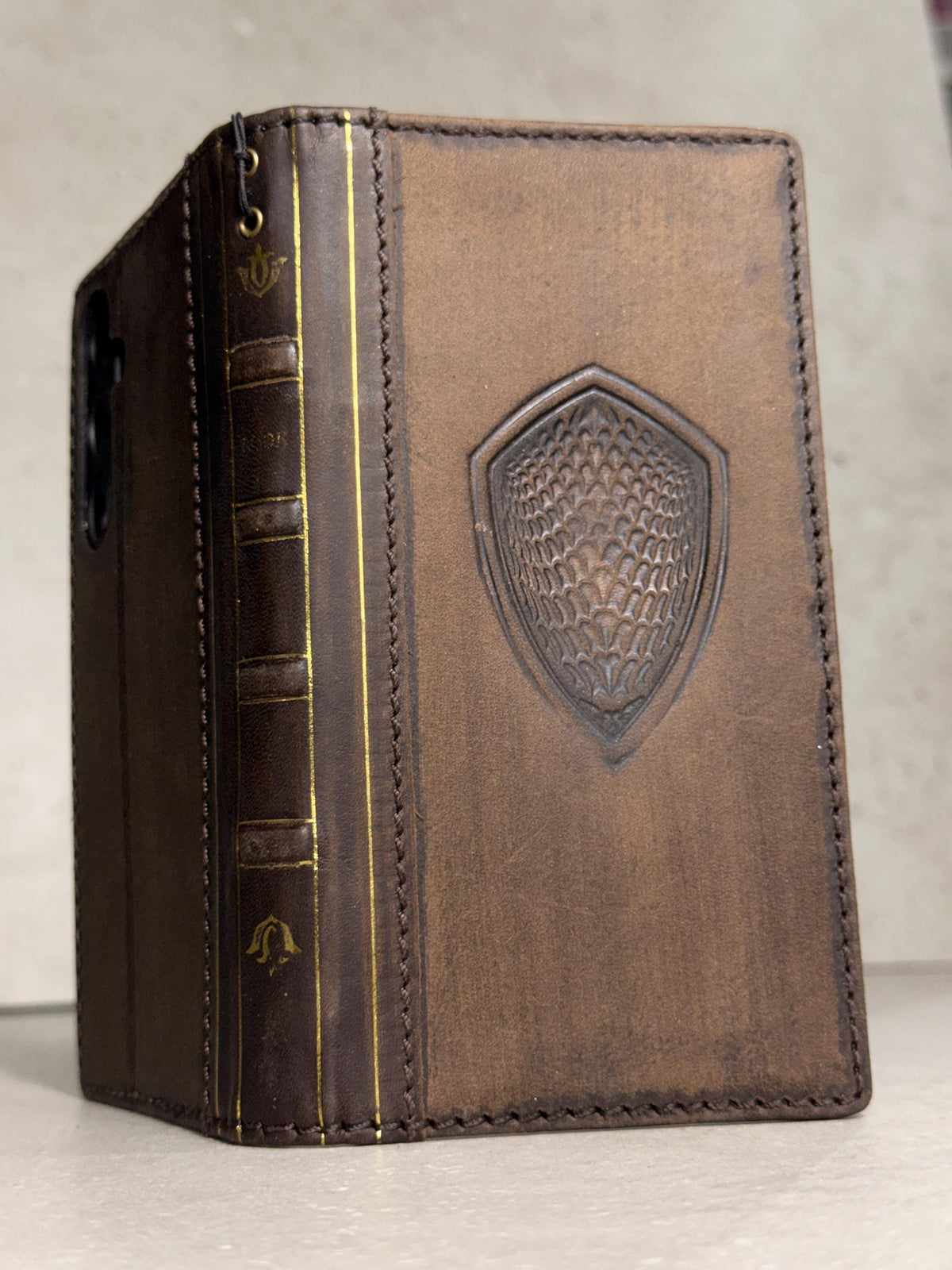 Handmade Black Leather Book iPhone Case: Vintage Art Design Wallet Cover Ip 7-18 max
