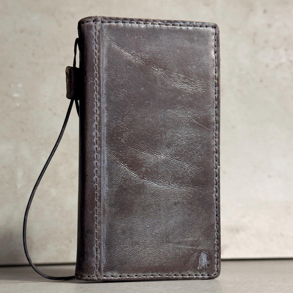 Handmade Black Leather Book iPhone Case: Vintage Art Design Wallet Cover Ip 7-18 max
