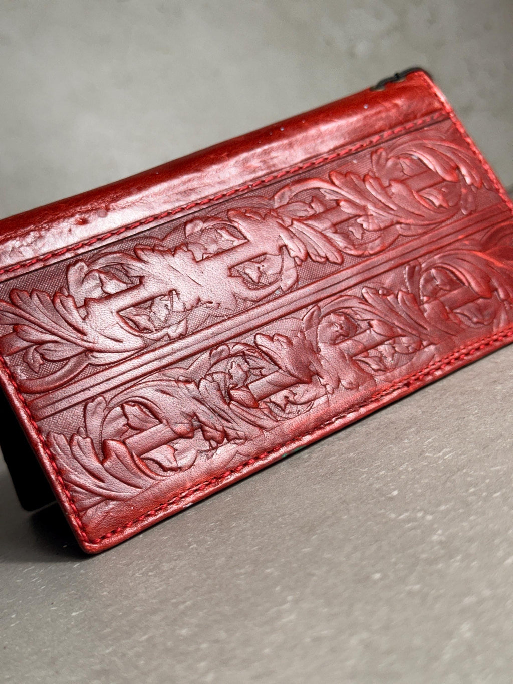 Handmade Leather iPhone Wallet Case: Vintage Stamped Book Cover